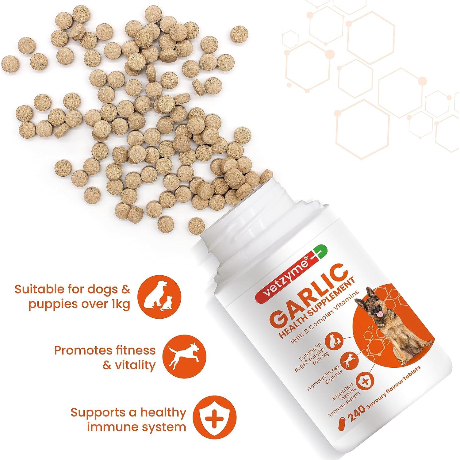 Suplemento de Ajo Vetzyme para Perros - Corazón Saludable, 240 Tabletas