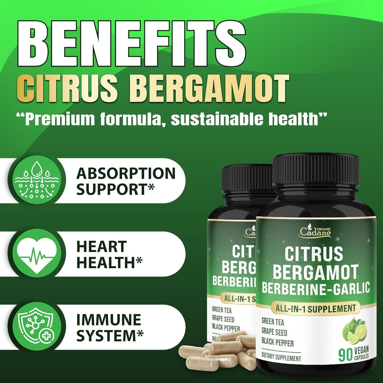 Suplemento de Bergamota Cítrica Orgánica Cadane 90 Cápsulas