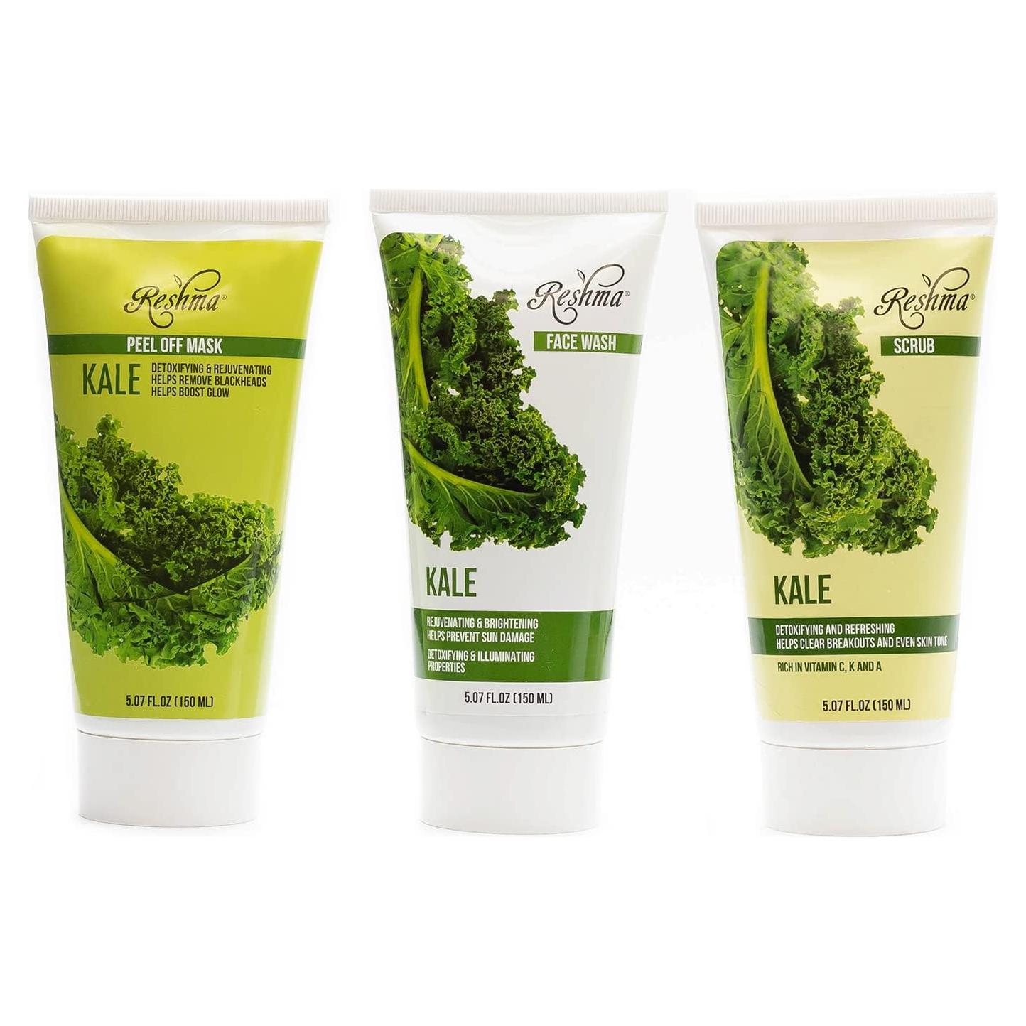 Paquete de Cuidado de la Piel Reshma Beauty Trío de Kale - Limpiador, Exfoliante y Mascarilla