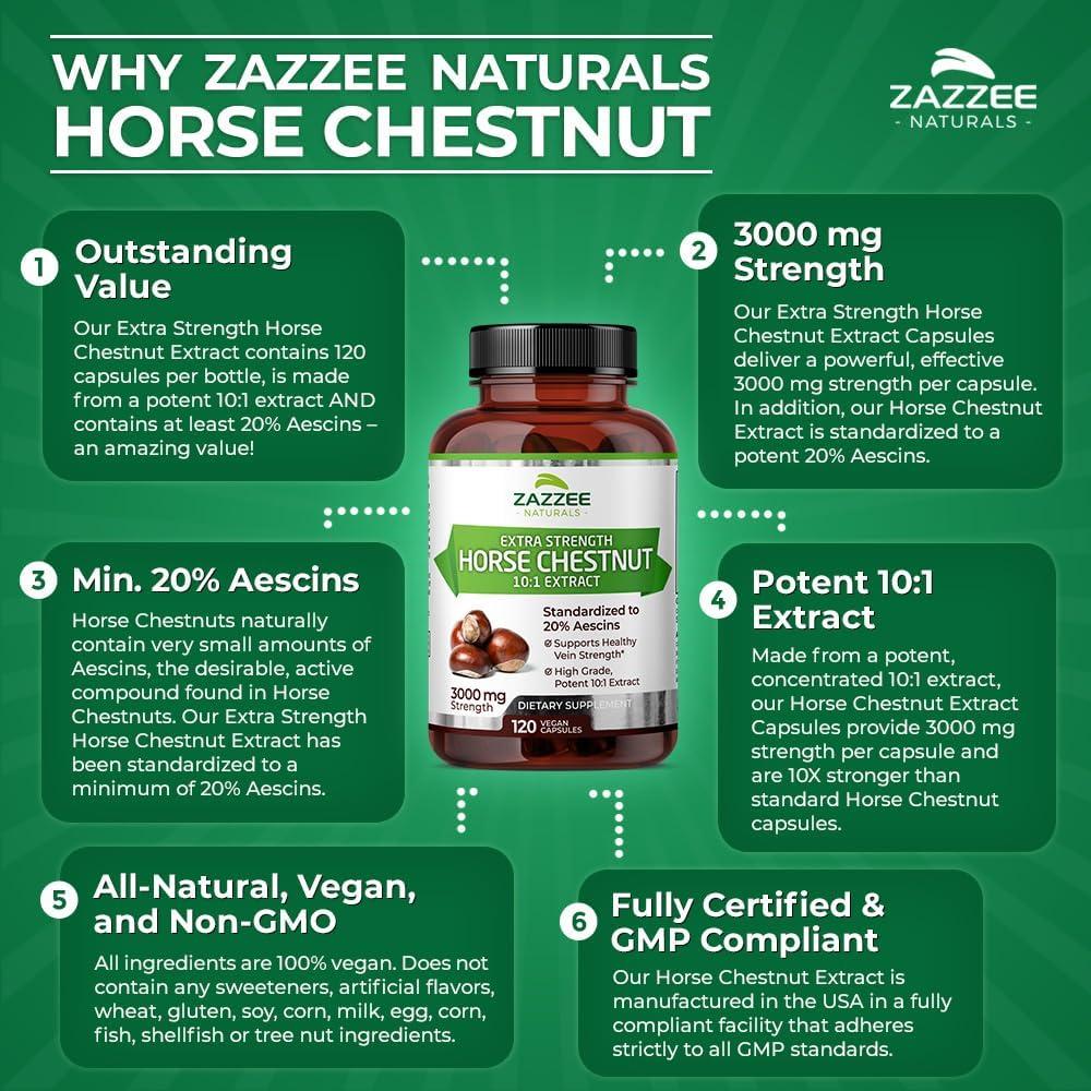 Zazzee Extracto de Castaño de Indias 3000 mg 120 Cápsulas Veganas