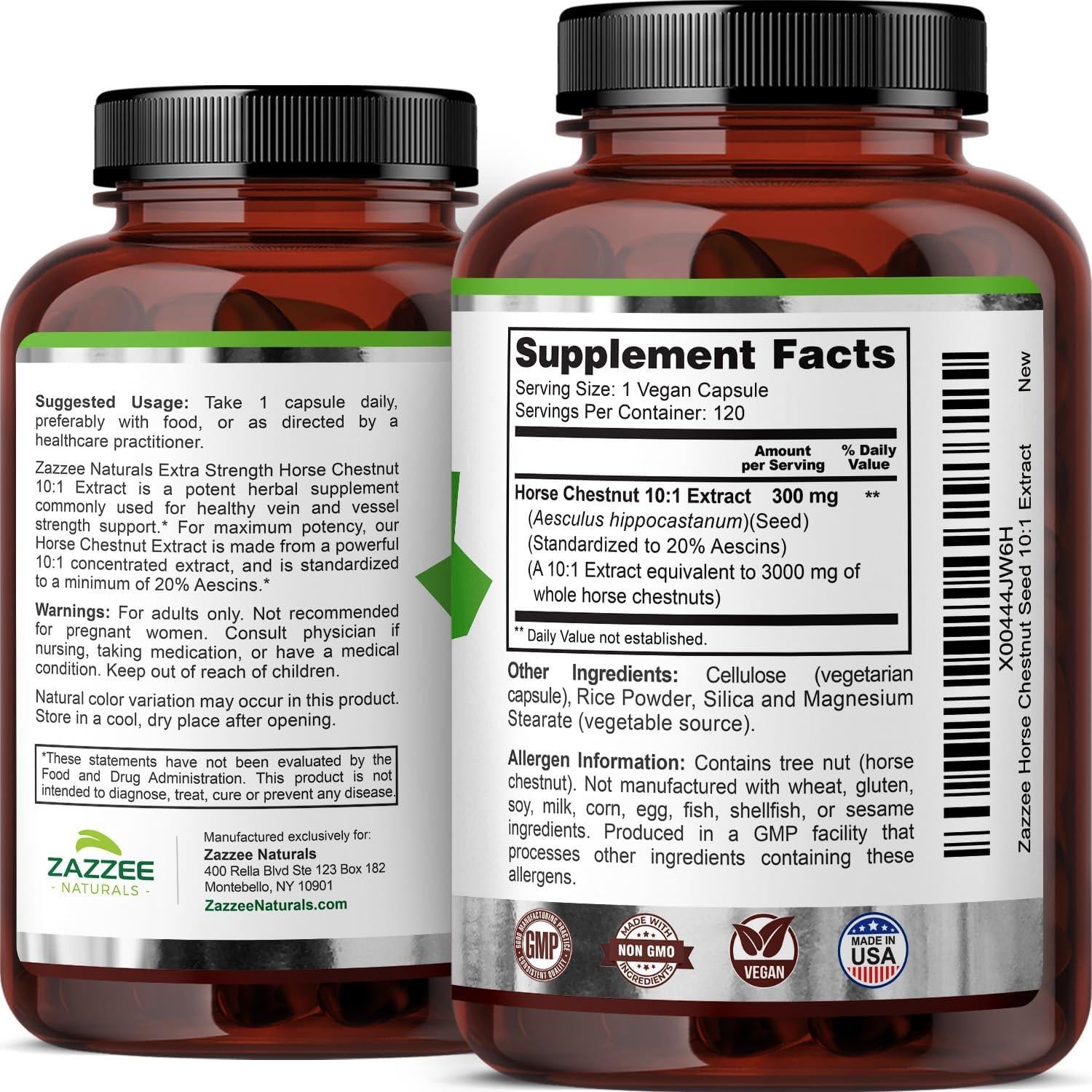 Zazzee Extracto de Castaño de Indias 3000 mg 120 Cápsulas Veganas