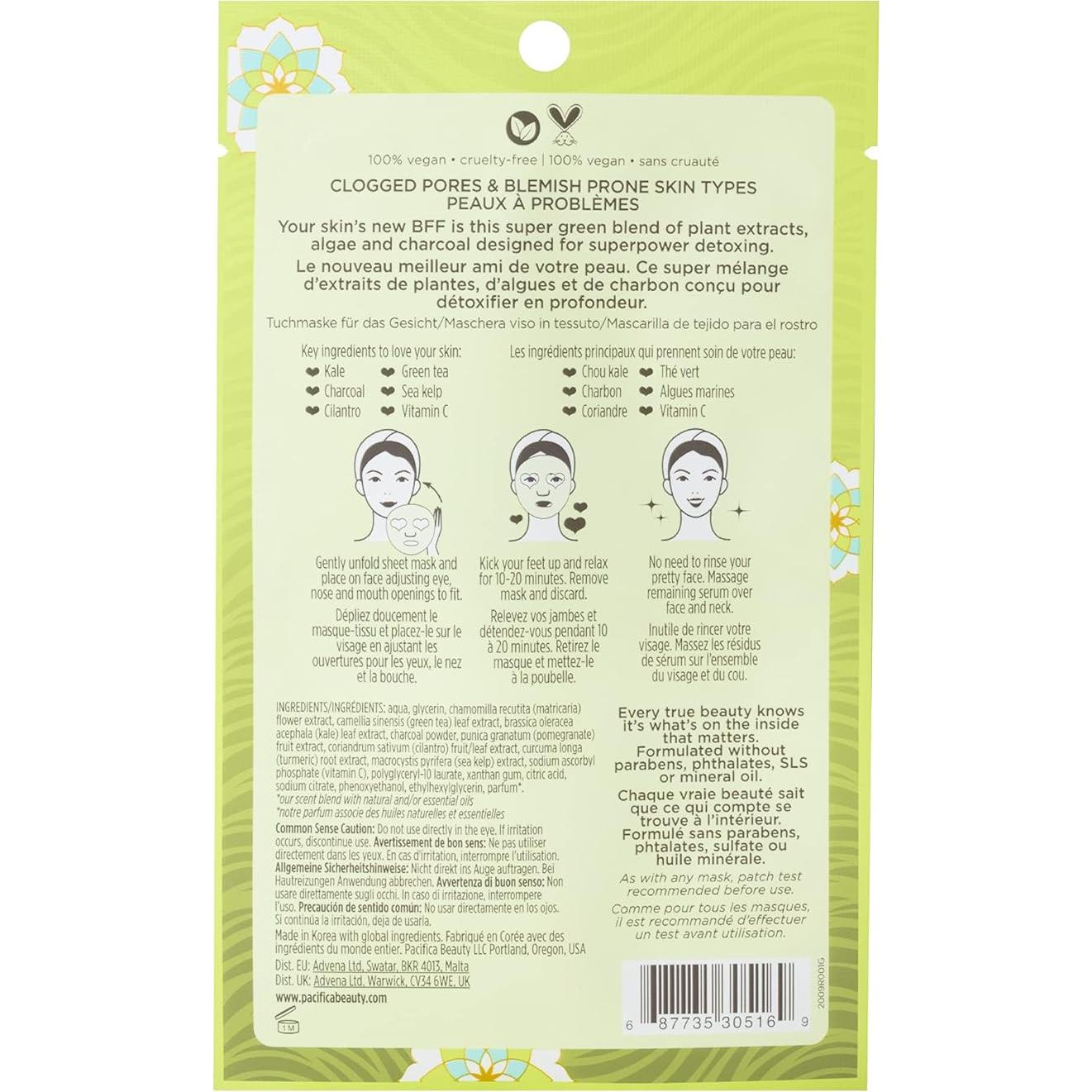 Mascarilla Facial Detox Vegana Pacifica Beauty - Té Verde y Carbón, 5 Unidades