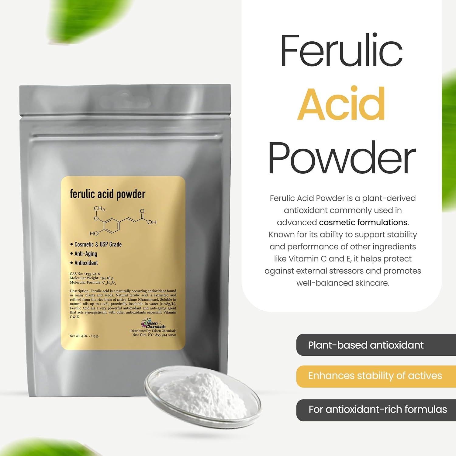 Polvo de Ácido Ferúlico Puro 99% Talsen 113 Gramos Cosmético