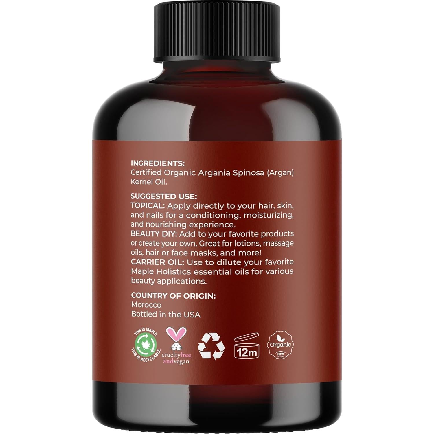 Aceite de Argán Orgánico Maple Holistics 118 ml - Hidratante Piel y Cabello