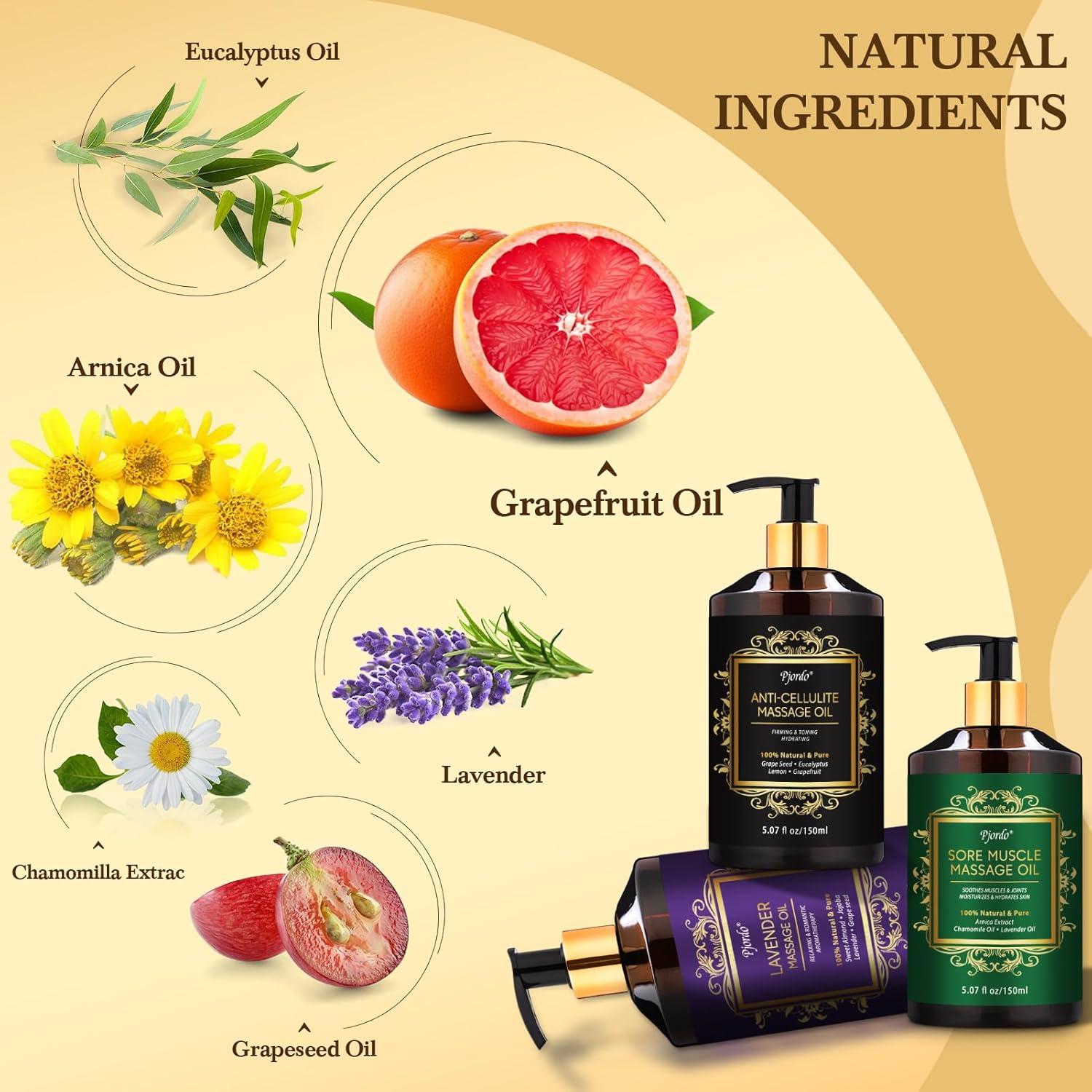 Kit de Masaje Pjordo: 3 Aceites Relajantes + Herramientas