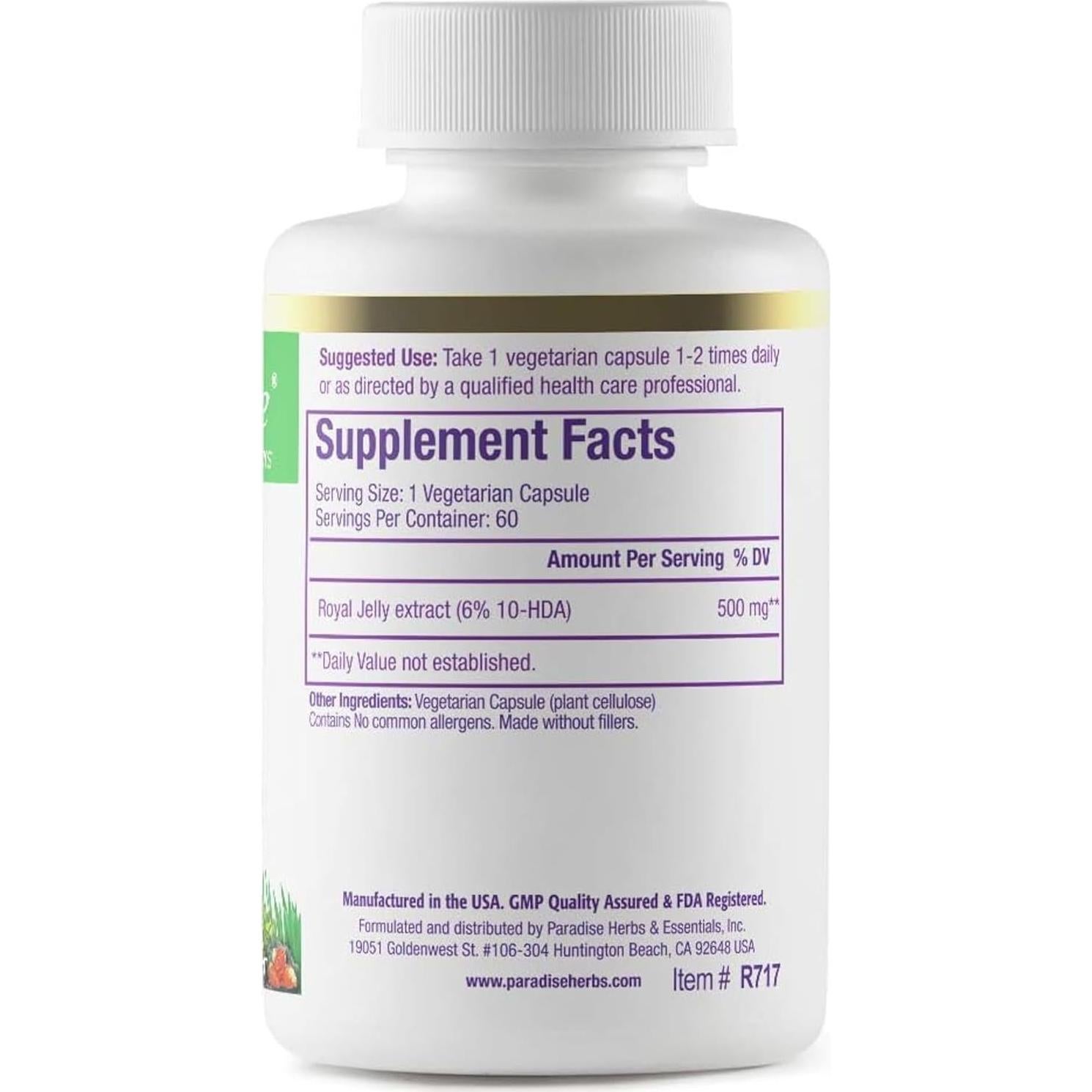 Jalea Real Ultra Pura Paradise Herbs 60 Cápsulas Veganas