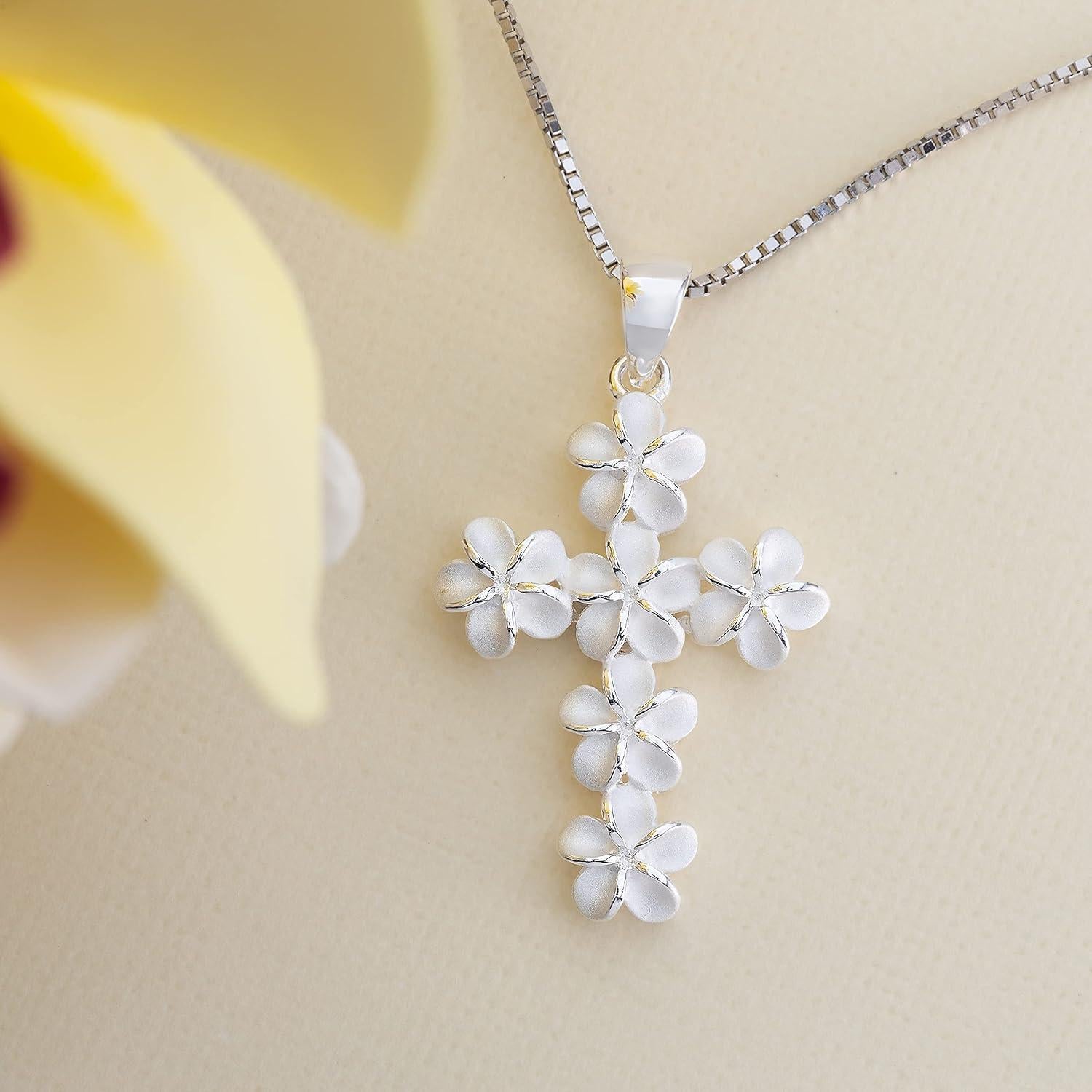 Colgante Cruz Plumeria Plata Esterlina 925 con Cadena 45.72 cm