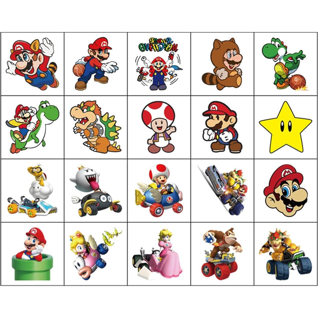 20 Hojas de Tatuajes Temporales Mario para Niños