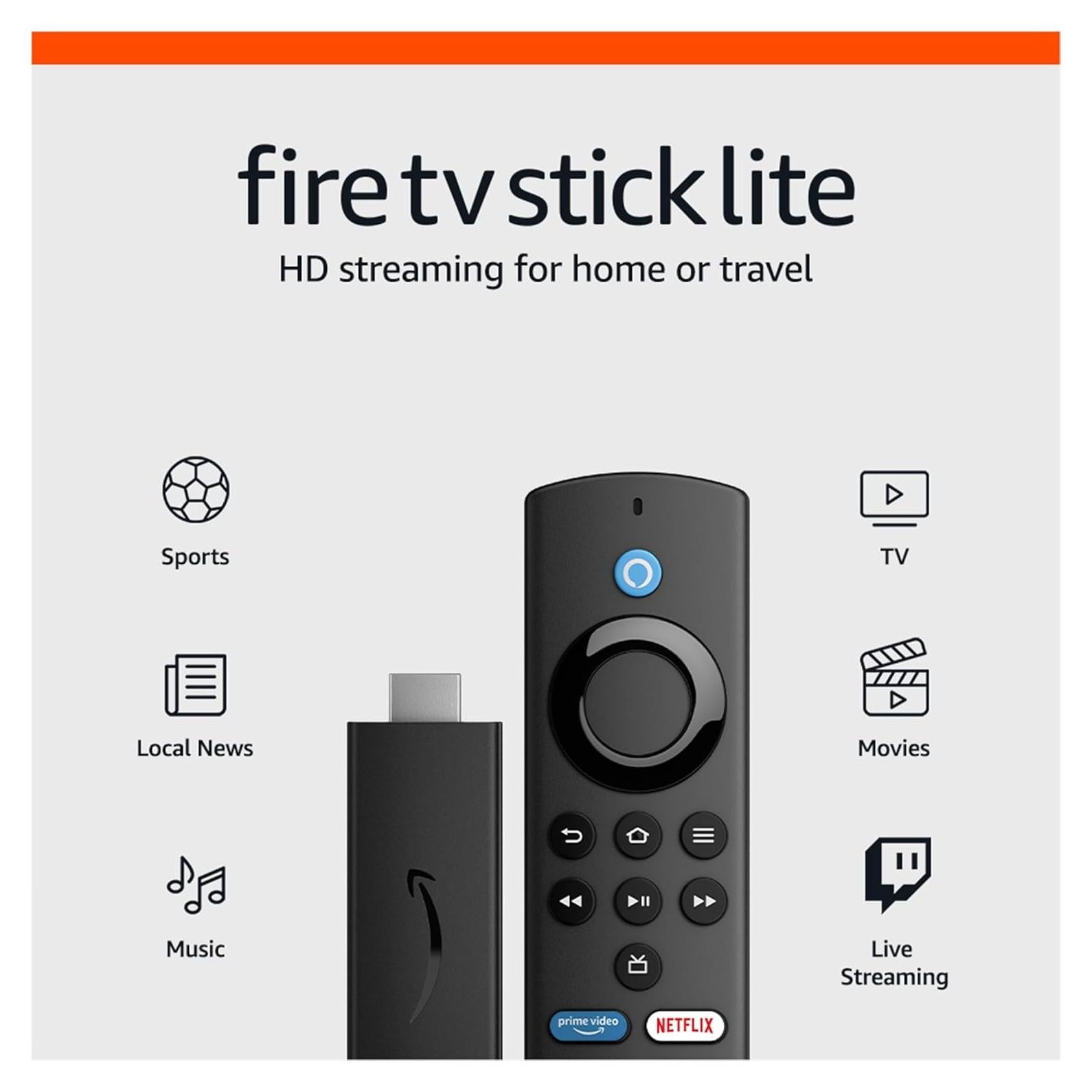 Amazon Fire TV Stick Lite, free and live TV, Alexa Voice Remote Lite, smart home controls, HD streaming