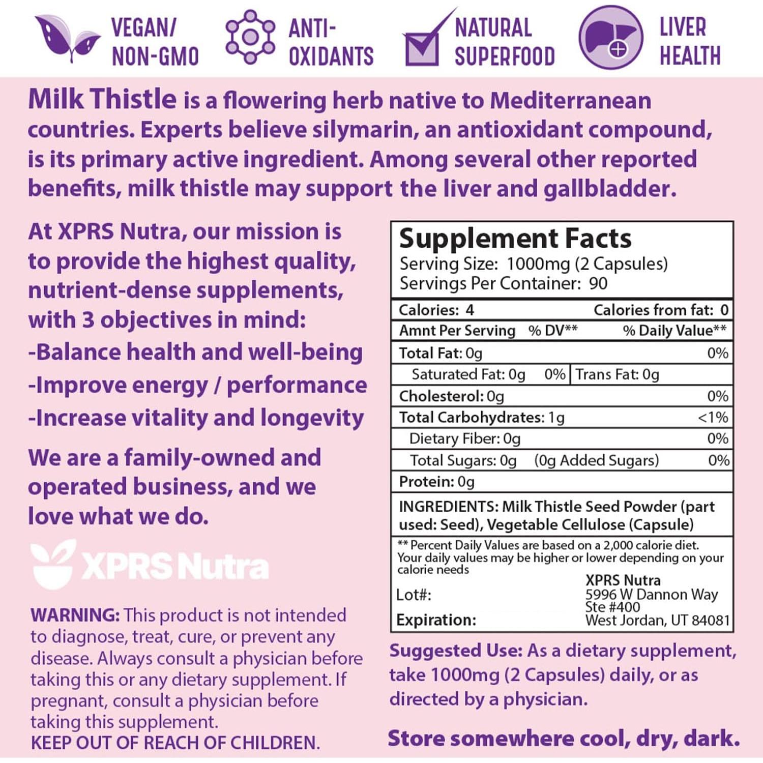 Cápsulas de Cardo Mariano XPRS Nutra 1000 mg - 180 Unidades