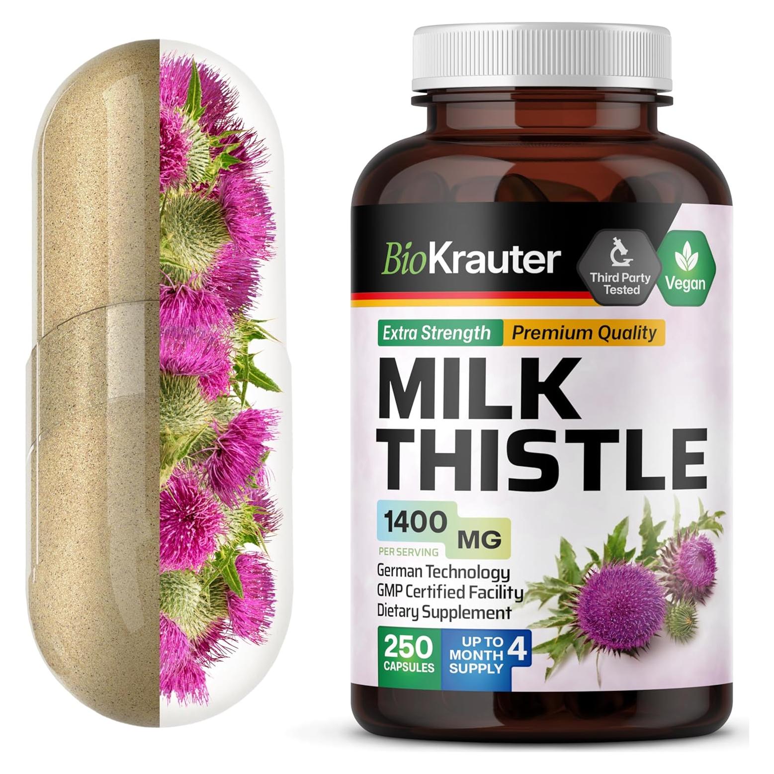 Cápsulas de Cardo Mariano BIO KRAUTER 1400 mg - 250 Unidades - Suplemento Vegano para el Hígado