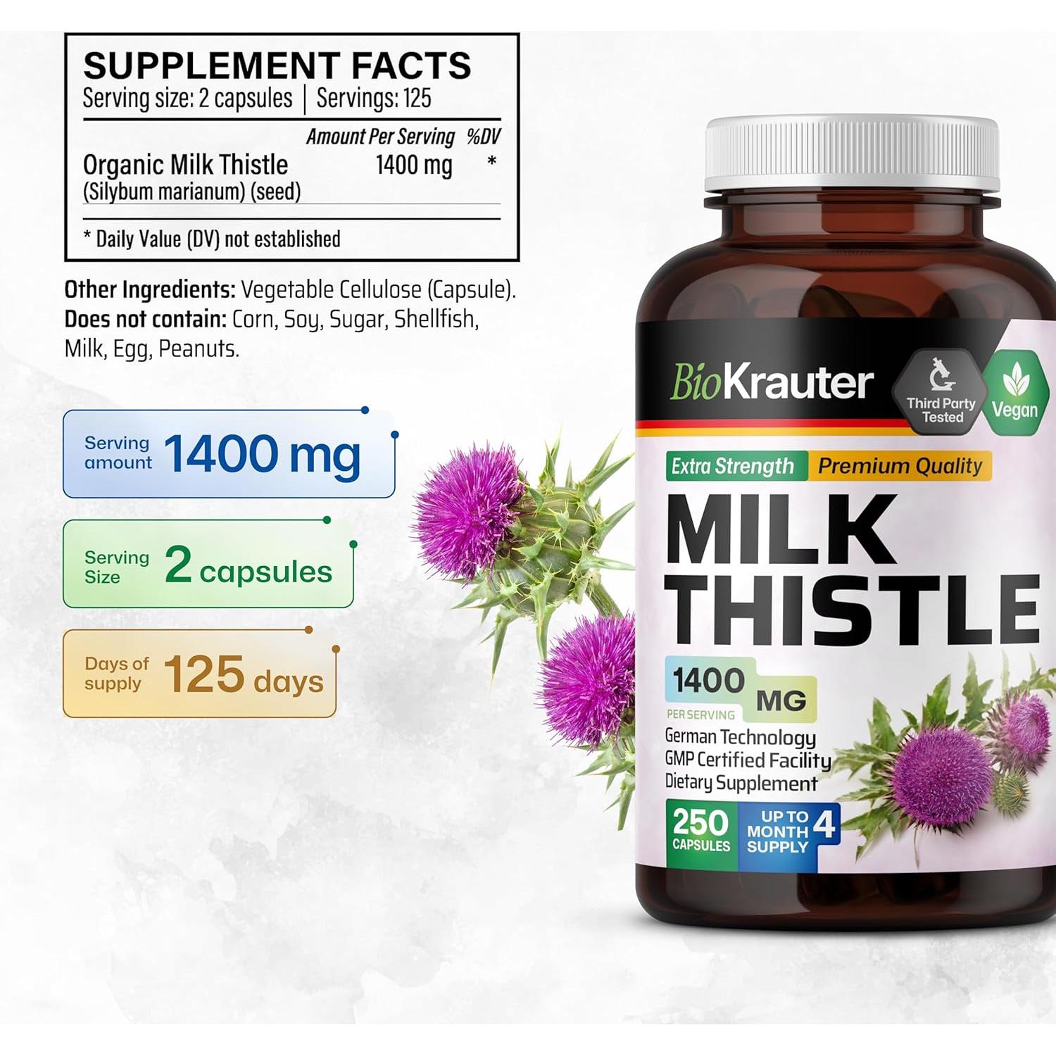 Cápsulas de Cardo Mariano BIO KRAUTER 1400 mg - 250 Unidades - Suplemento Vegano para el Hígado