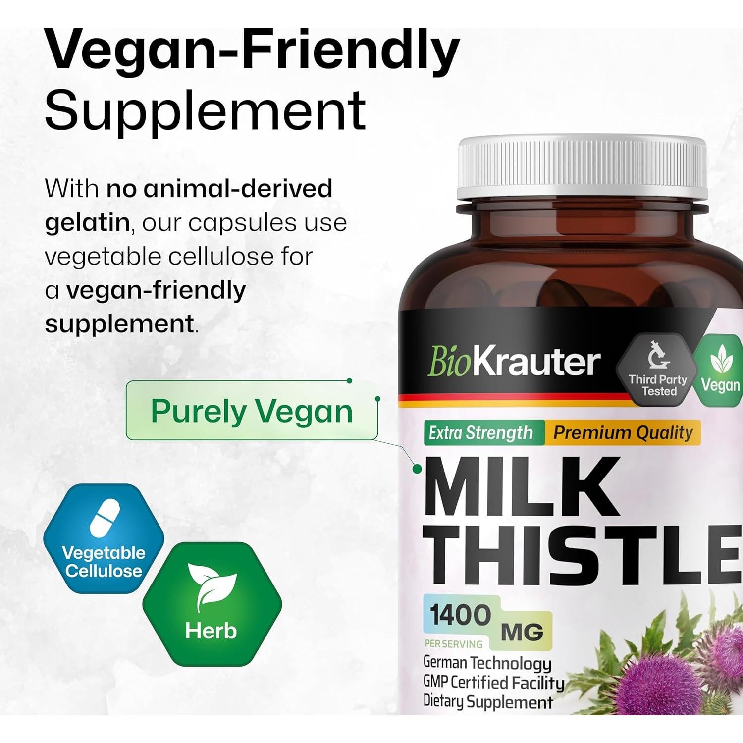 Cápsulas de Cardo Mariano BIO KRAUTER 1400 mg - 250 Unidades - Suplemento Vegano para el Hígado