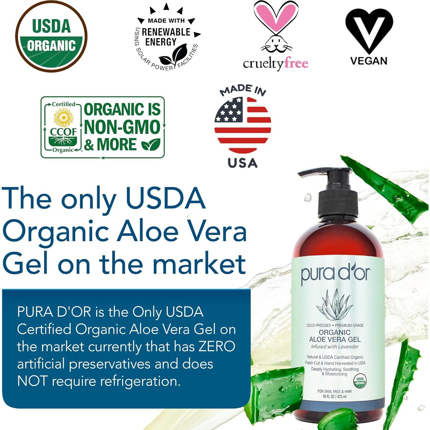Gel de Aloe Vera Orgánico PURA D'OR 473 ml - Lavanda - Hidratante