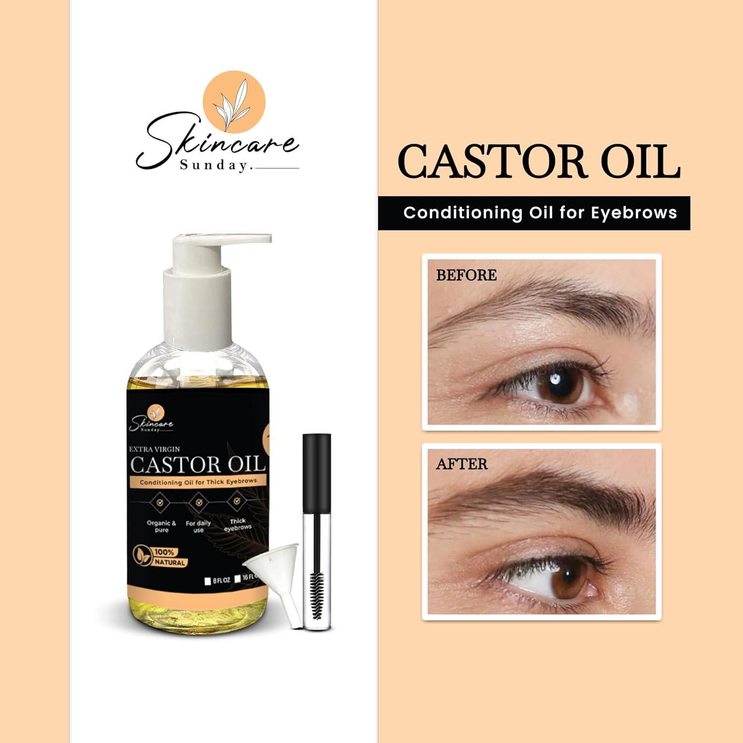 Aceite de Ricino Orgánico USDA Skin Care Sunday 473 ml - Cejas y Pestañas
