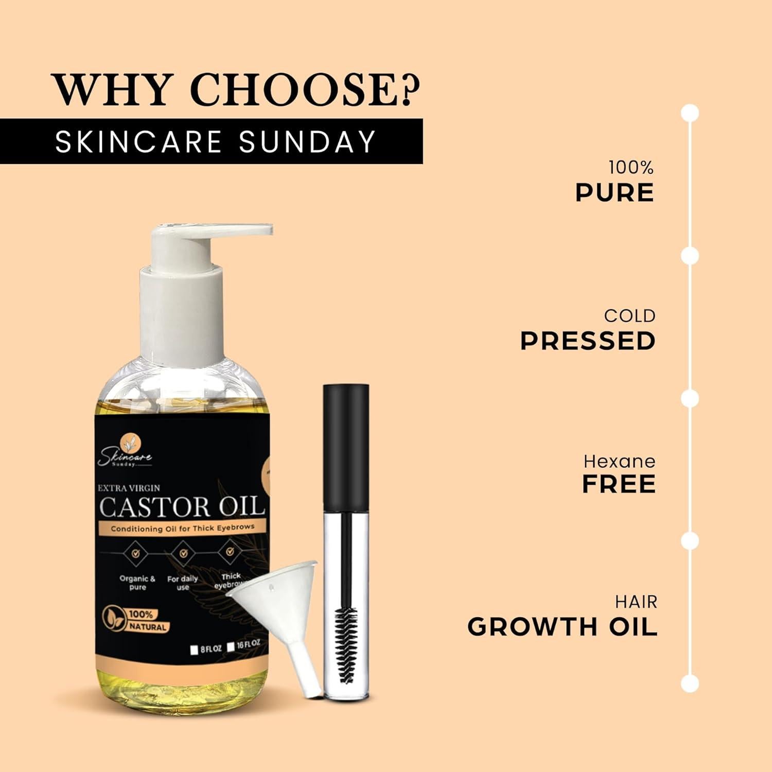 Aceite de Ricino Orgánico USDA Skin Care Sunday 473 ml - Cejas y Pestañas