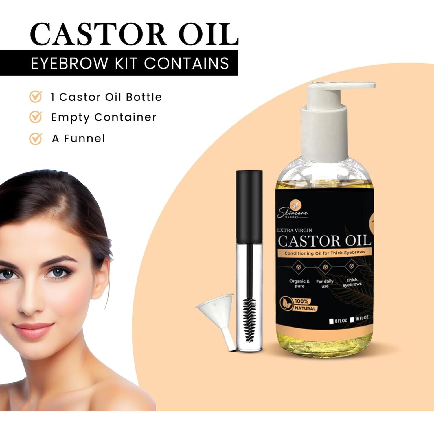 Aceite de Ricino Orgánico USDA Skin Care Sunday 473 ml - Cejas y Pestañas