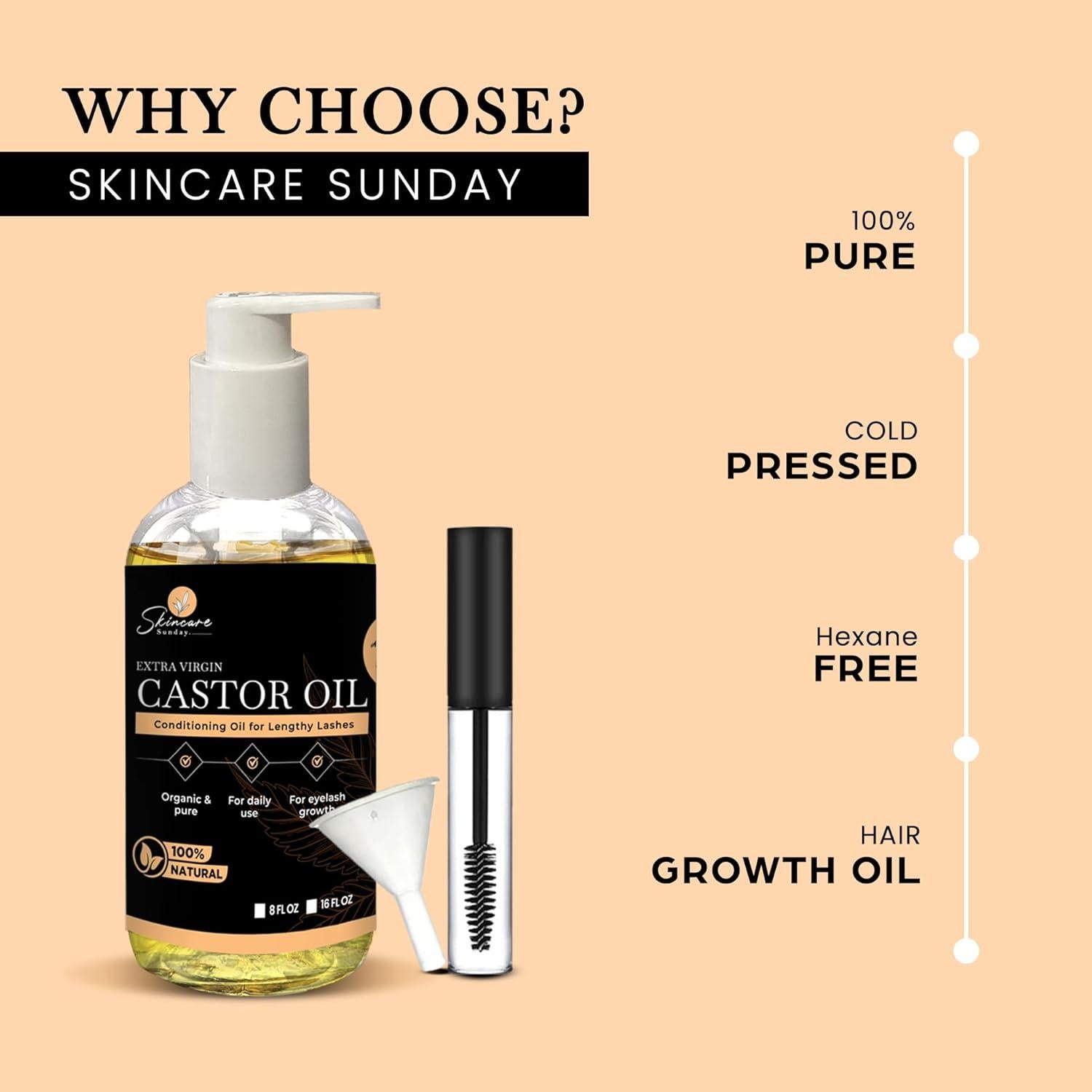 Aceite de Ricino Orgánico USDA Skin Care Sunday 473 ml para Pestañas