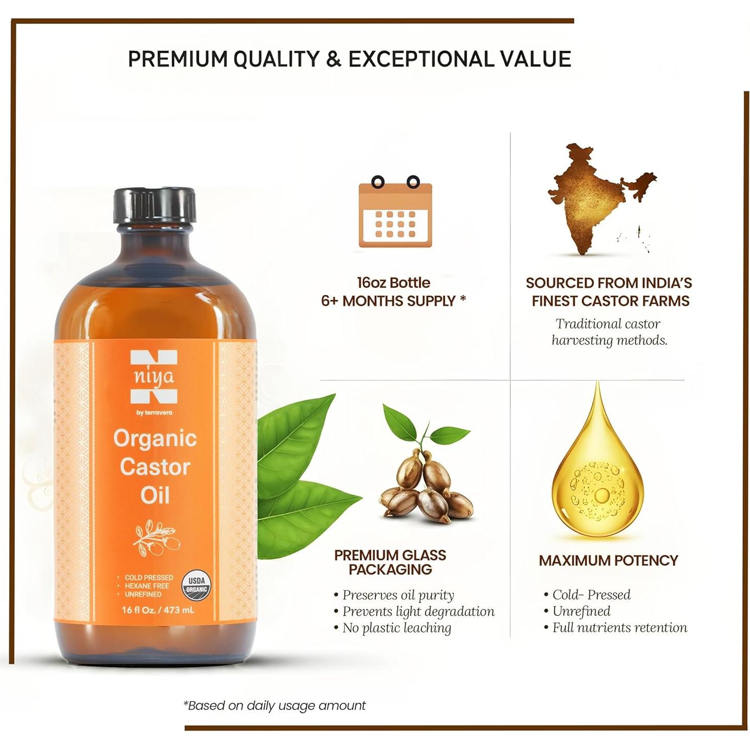 Aceite de Ricino Orgánico Niyavera 473ml Prensado en Frío Sin Refinar