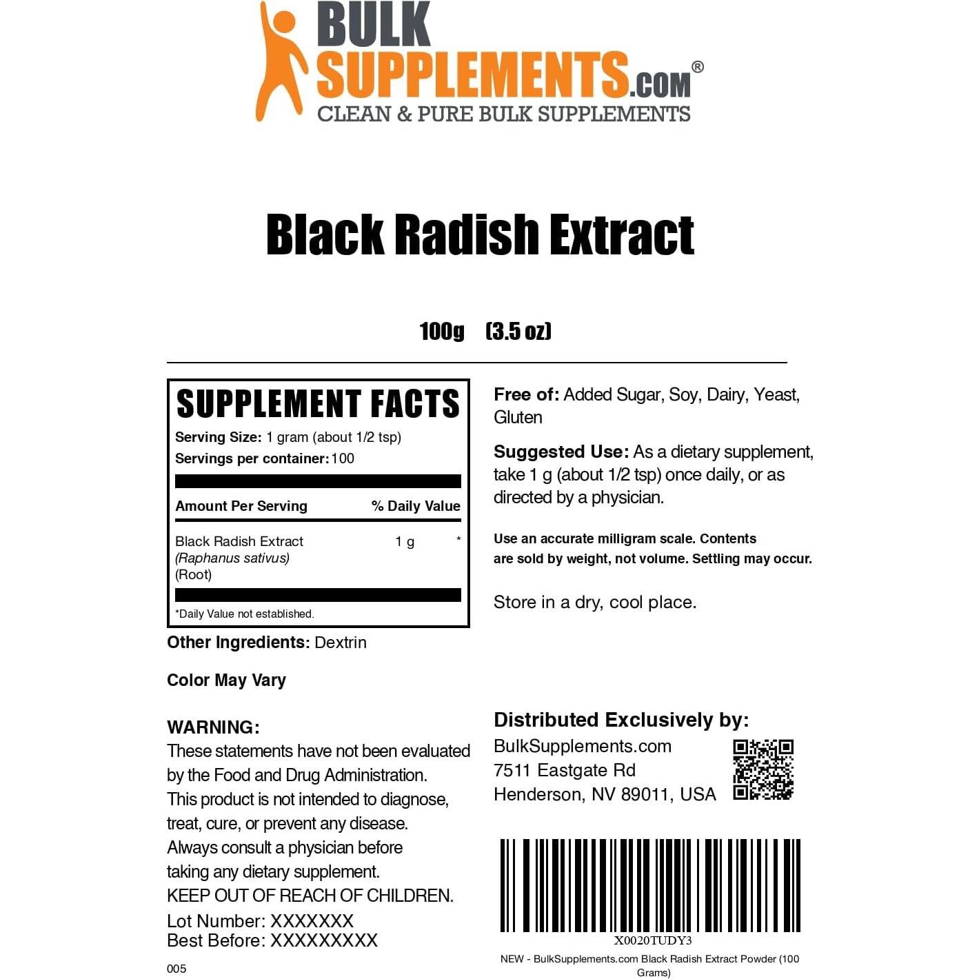 Polvo de Rábano Negro BulkSupplements 100g - Suplemento Vegano