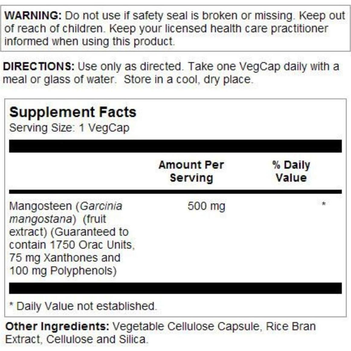 Extracto de Mangosteen Solaray 500mg - 60 Cápsulas Veganas