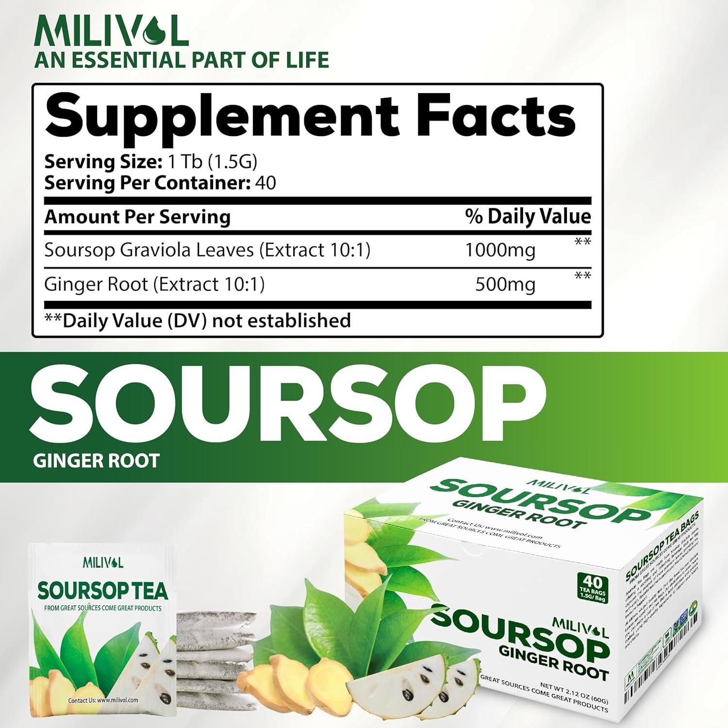 Bolsitas de Té de Guanábana con Jengibre MILIVOL - 40 Unidades