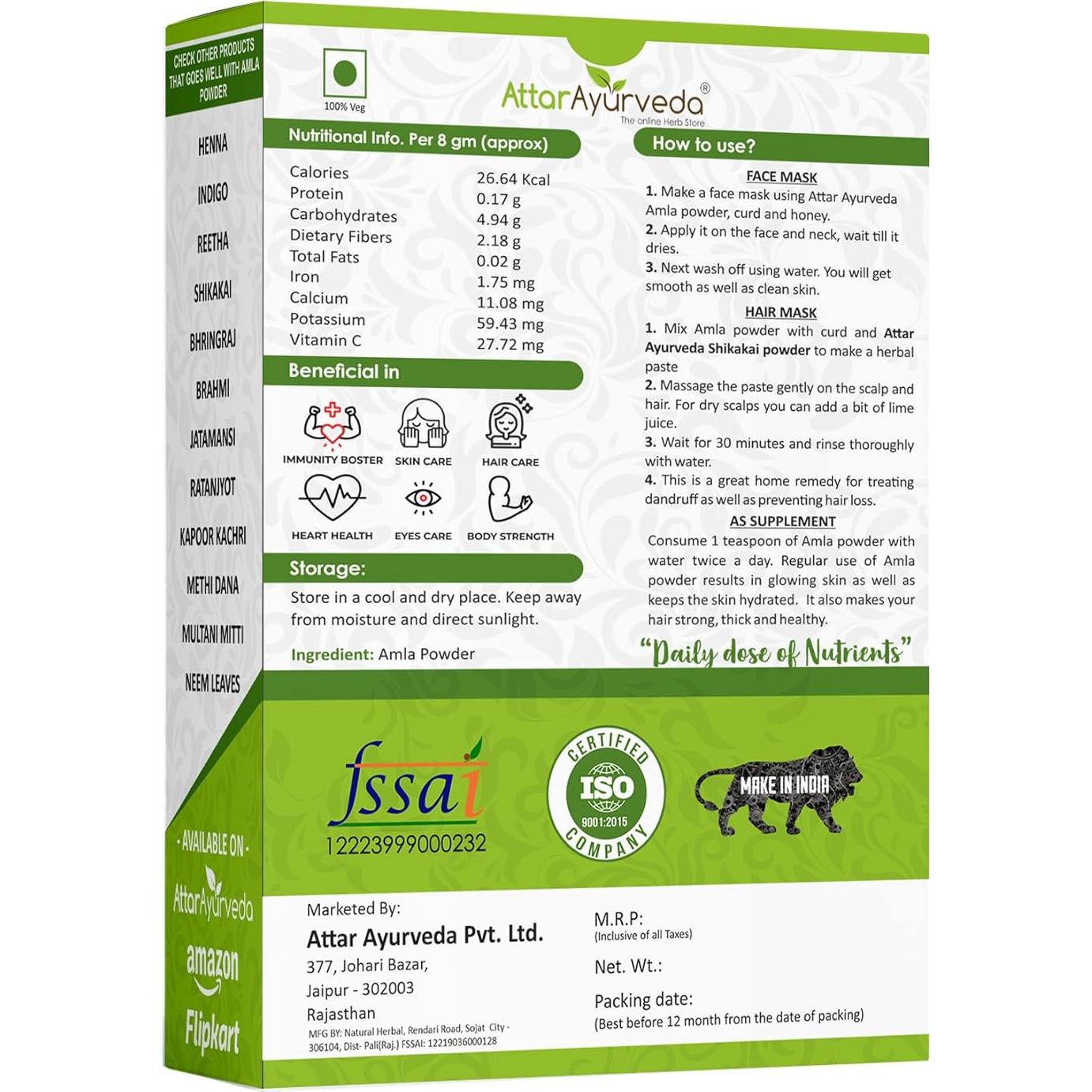 Polvo de Amla Puro Attar Ayurveda 248 g - Crecimiento Cabello y Piel