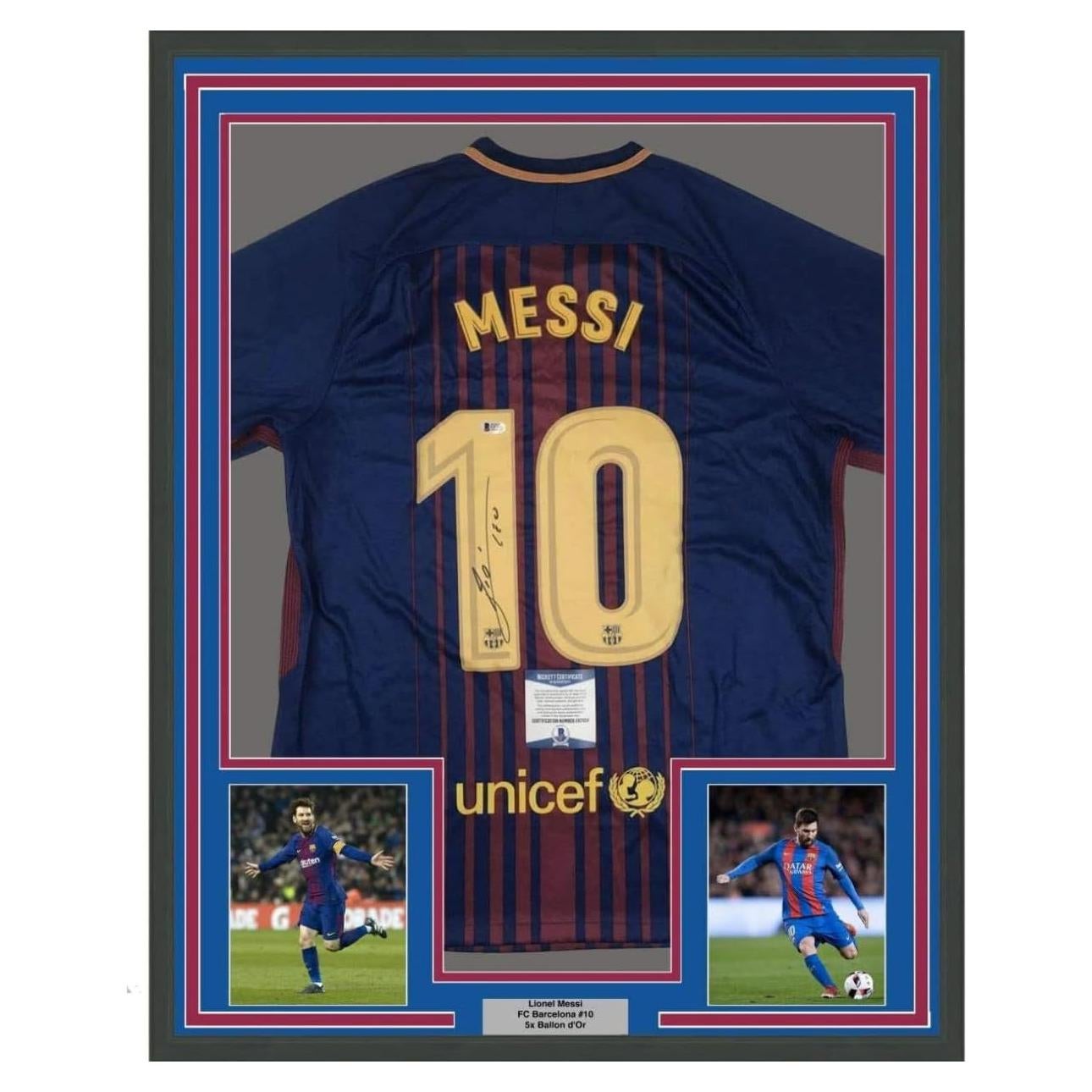 Camiseta de fútbol firmada FC Barcelona Messi enmarcada 89x99 cm