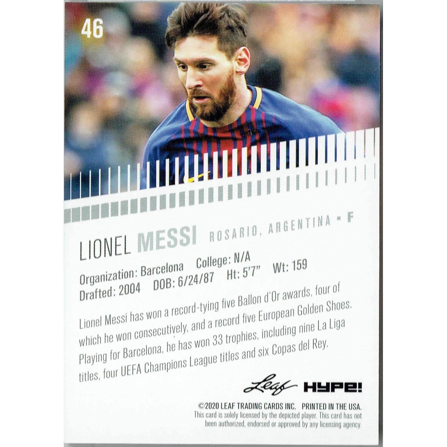 Tarjeta de Fútbol Lionel Messi 2020 Leaf HYPE #46 Rara