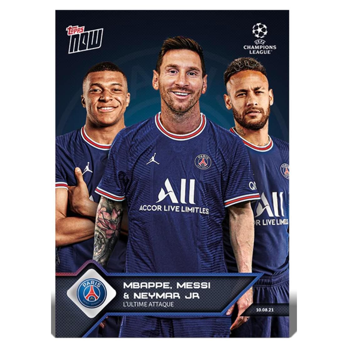 Tarjeta de Fútbol Topps Now PSG Messi Mbappe Neymar 2021