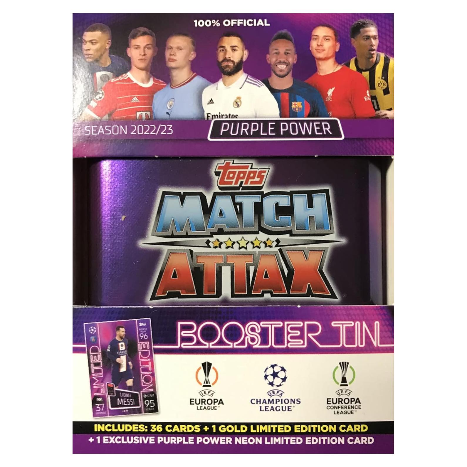 Juego de Cartas Coleccionables Topps UEFA Champions League 2022/23 - Lata MINI Poder Púrpura con Tarjeta Exclusiva Messi