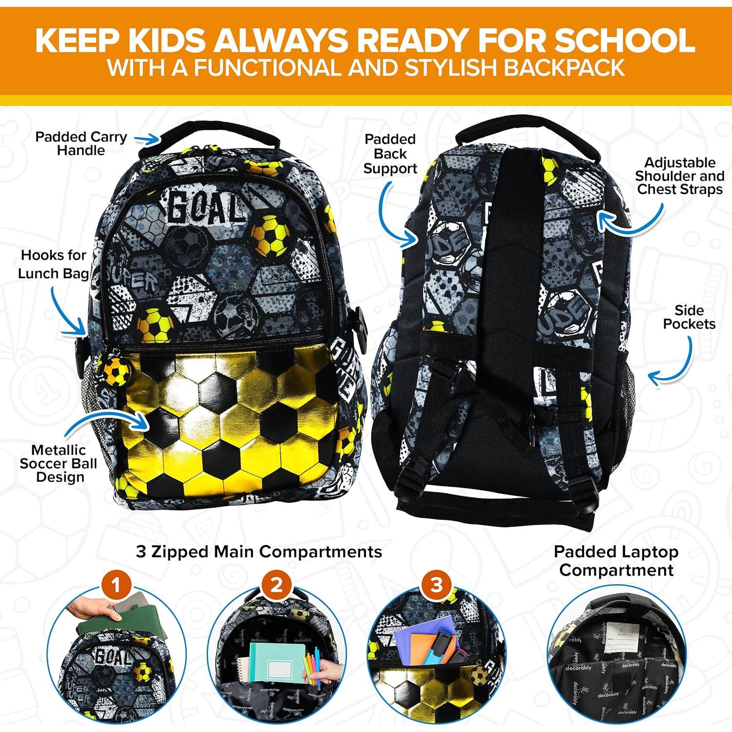 Set de 2 Mochilas de Fútbol Decorably para Niños con Bolsa de Almuerzo