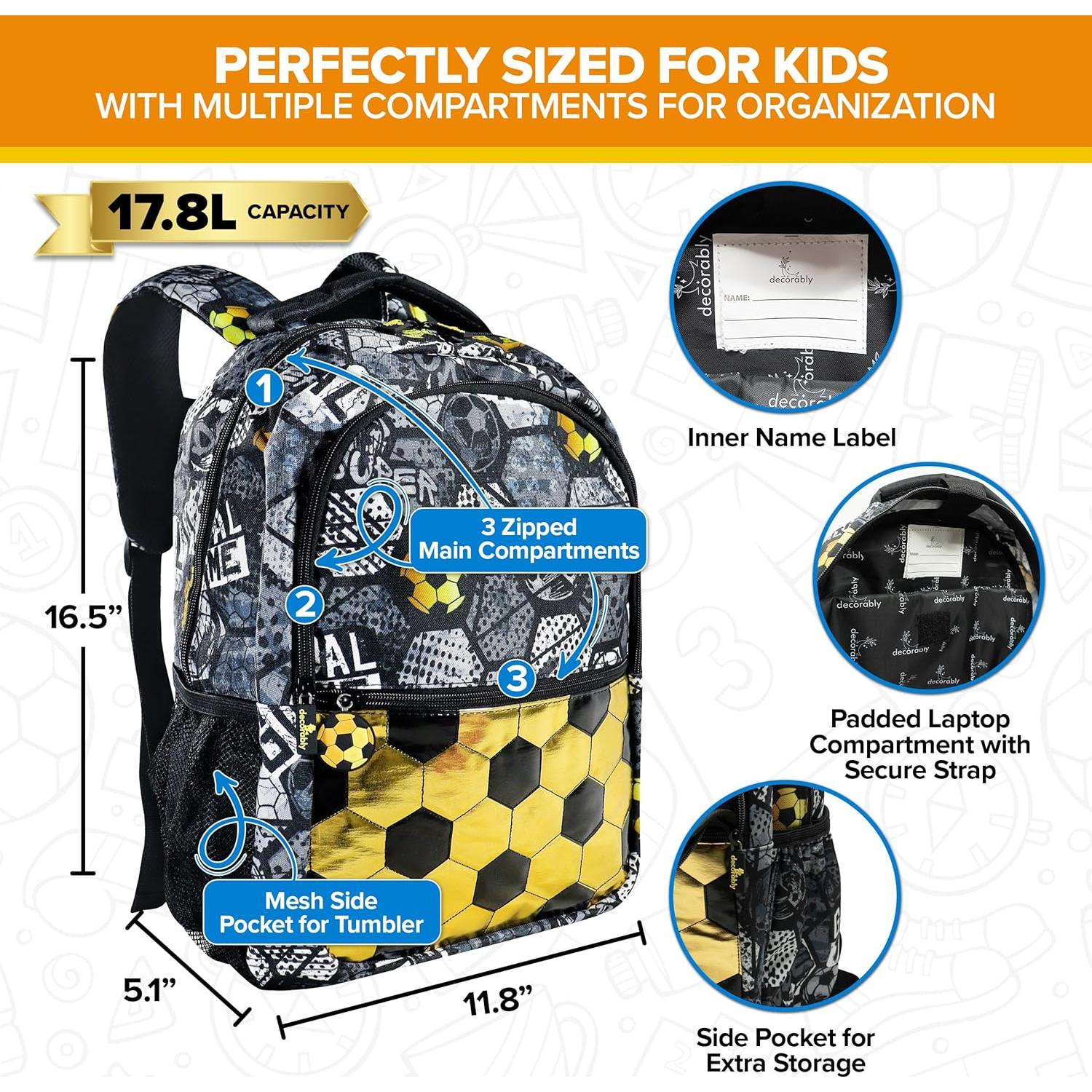 Mochila Temática para Niños Decorably 42cm Fútbol 3 Compartimentos