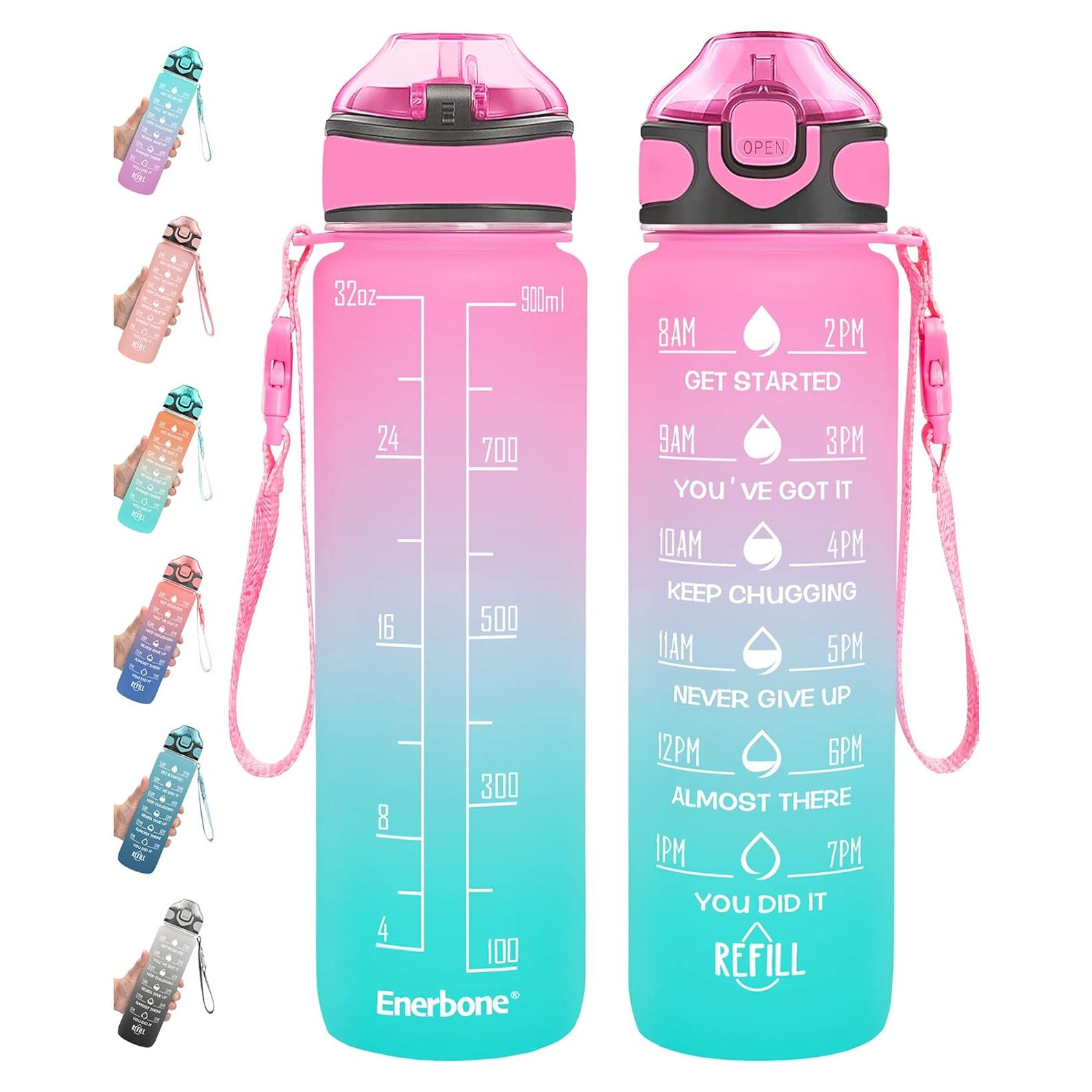 Botella de Agua Enerbone 0.91L Rosa-Verde con Pajilla y Horarios