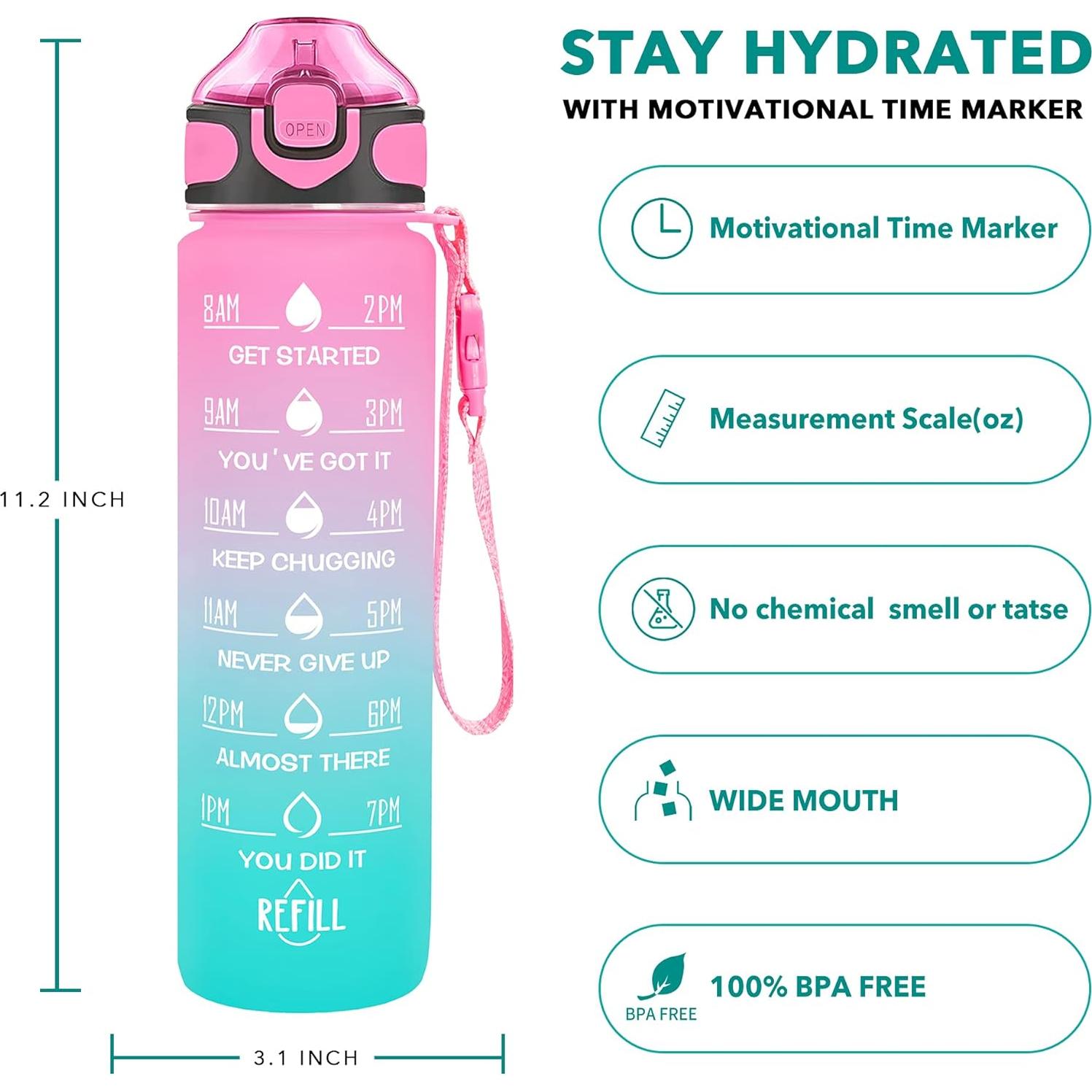 Botella de Agua Enerbone 0.91L Rosa-Verde con Pajilla y Horarios