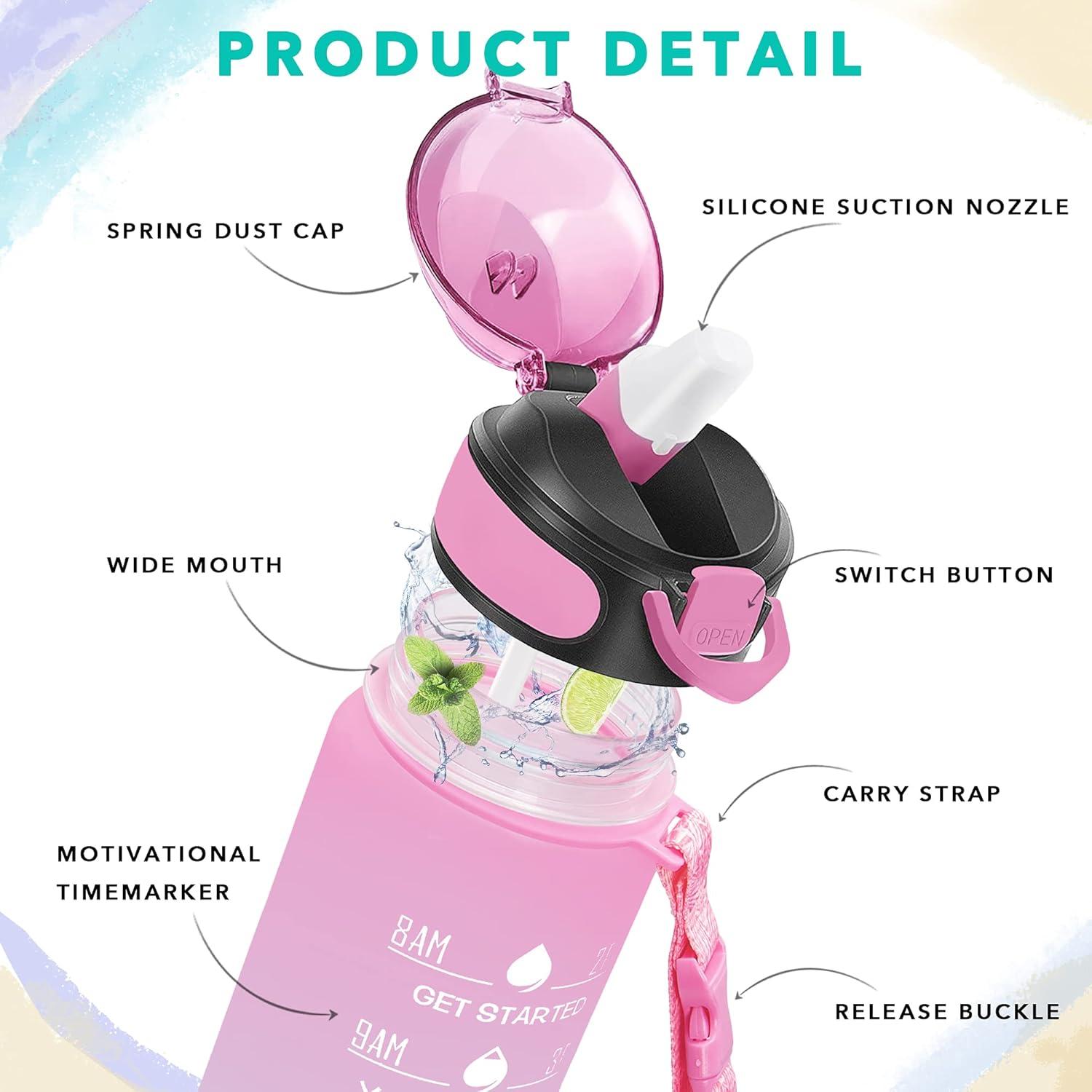 Botella de Agua Enerbone 0.91L Rosa-Verde con Pajilla y Horarios