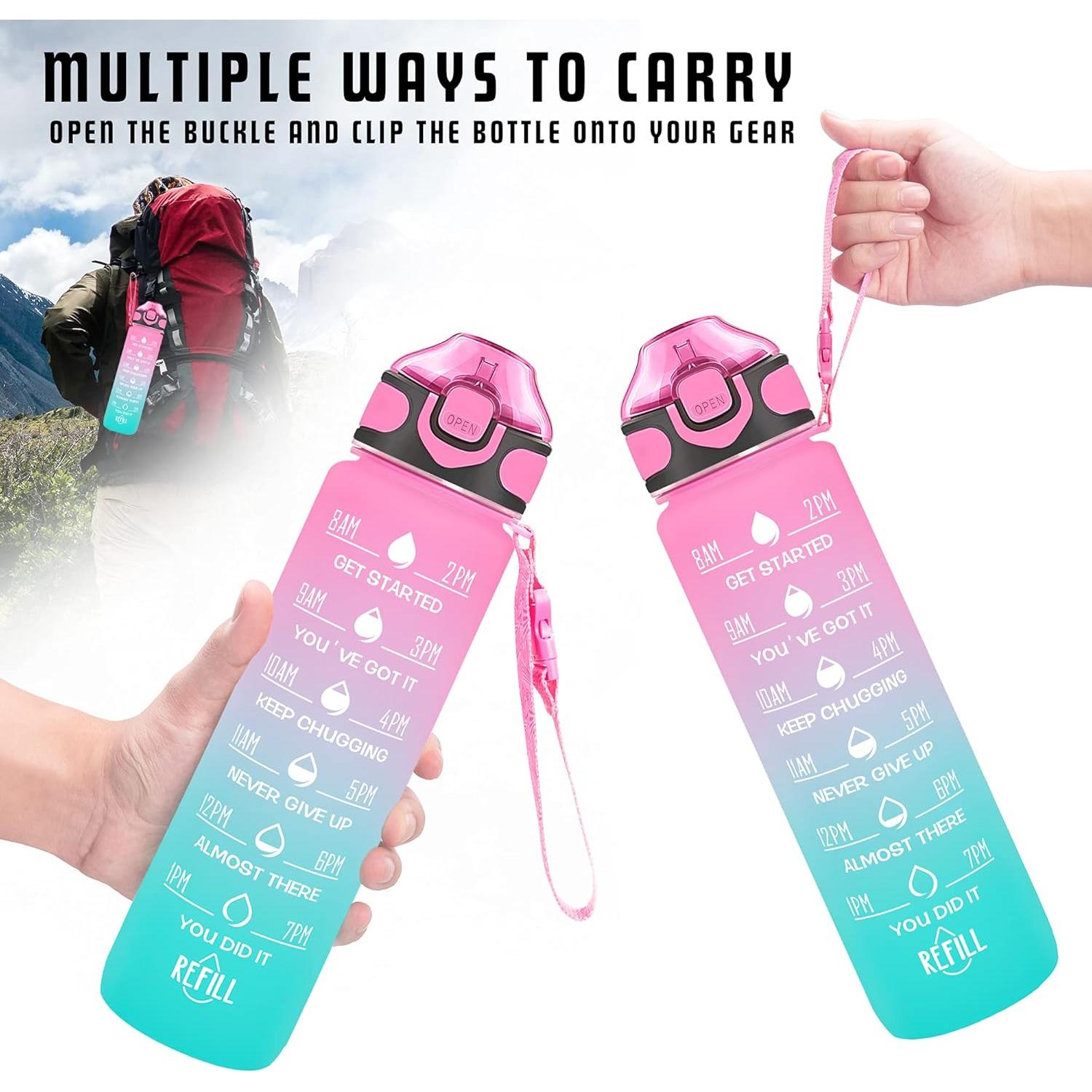 Botella de Agua Enerbone 0.91L Rosa-Verde con Pajilla y Horarios