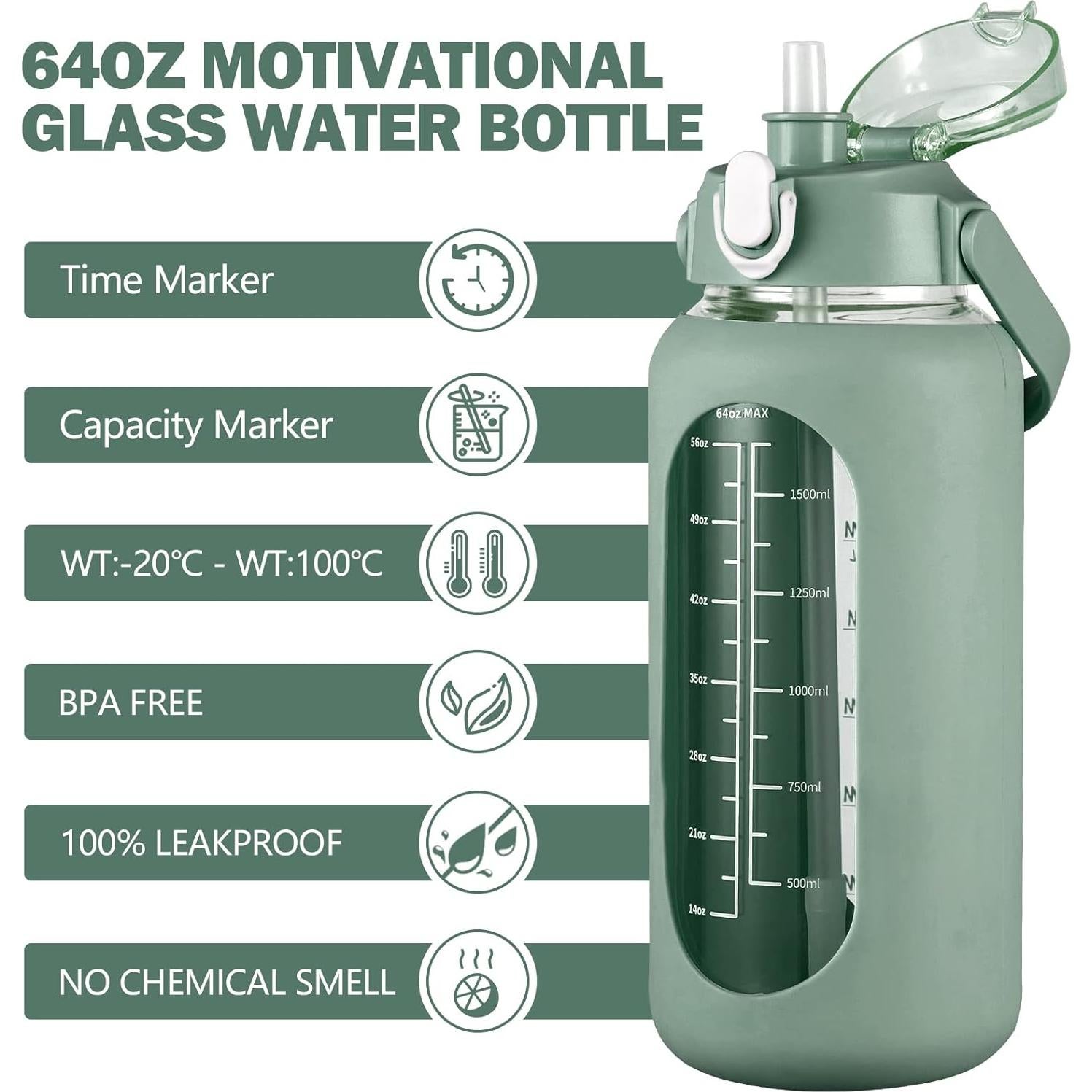 Botella de Agua de Vidrio Kytffu 2L con Pajilla y Funda Silicona