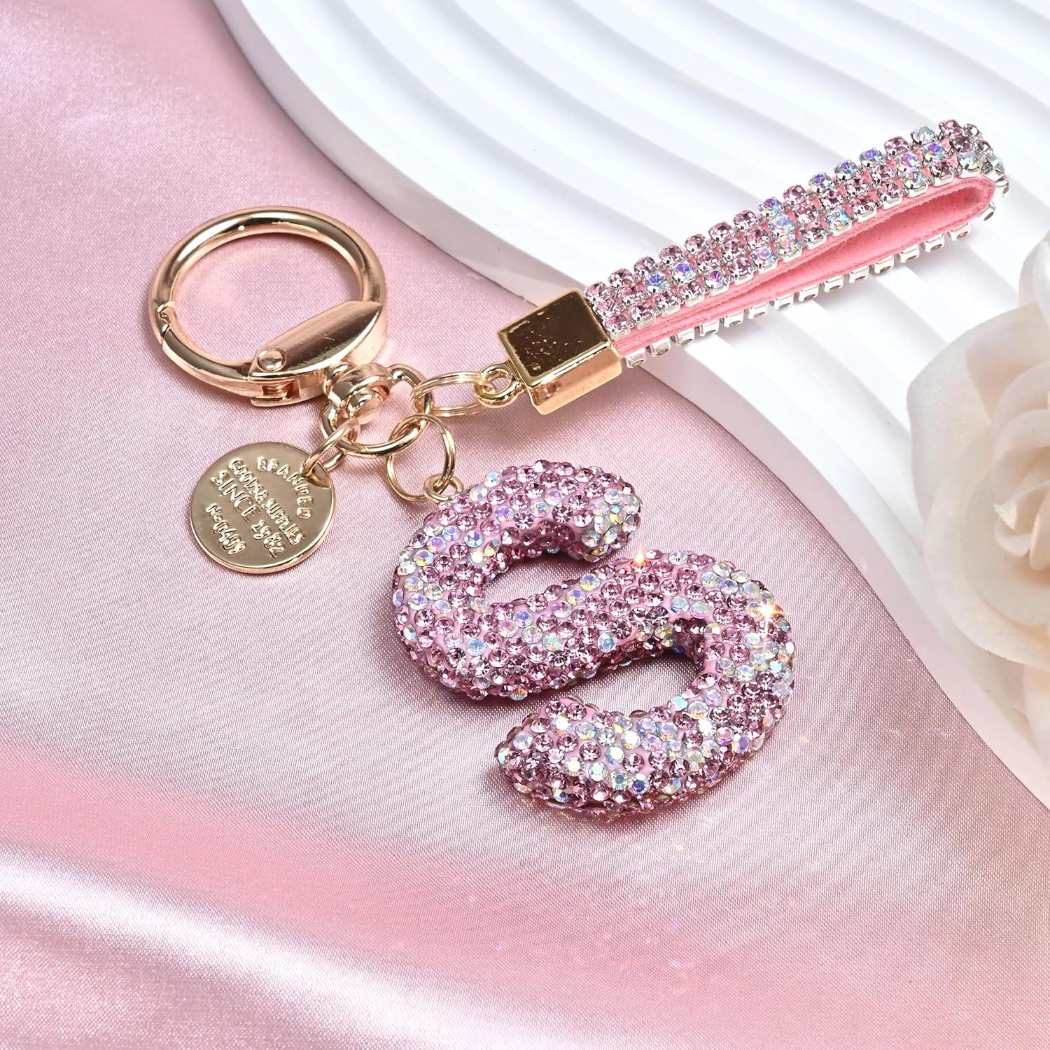 Llavero de Letra Inicial Brillante Rosa Azul Blanco - Regalo Mujeres