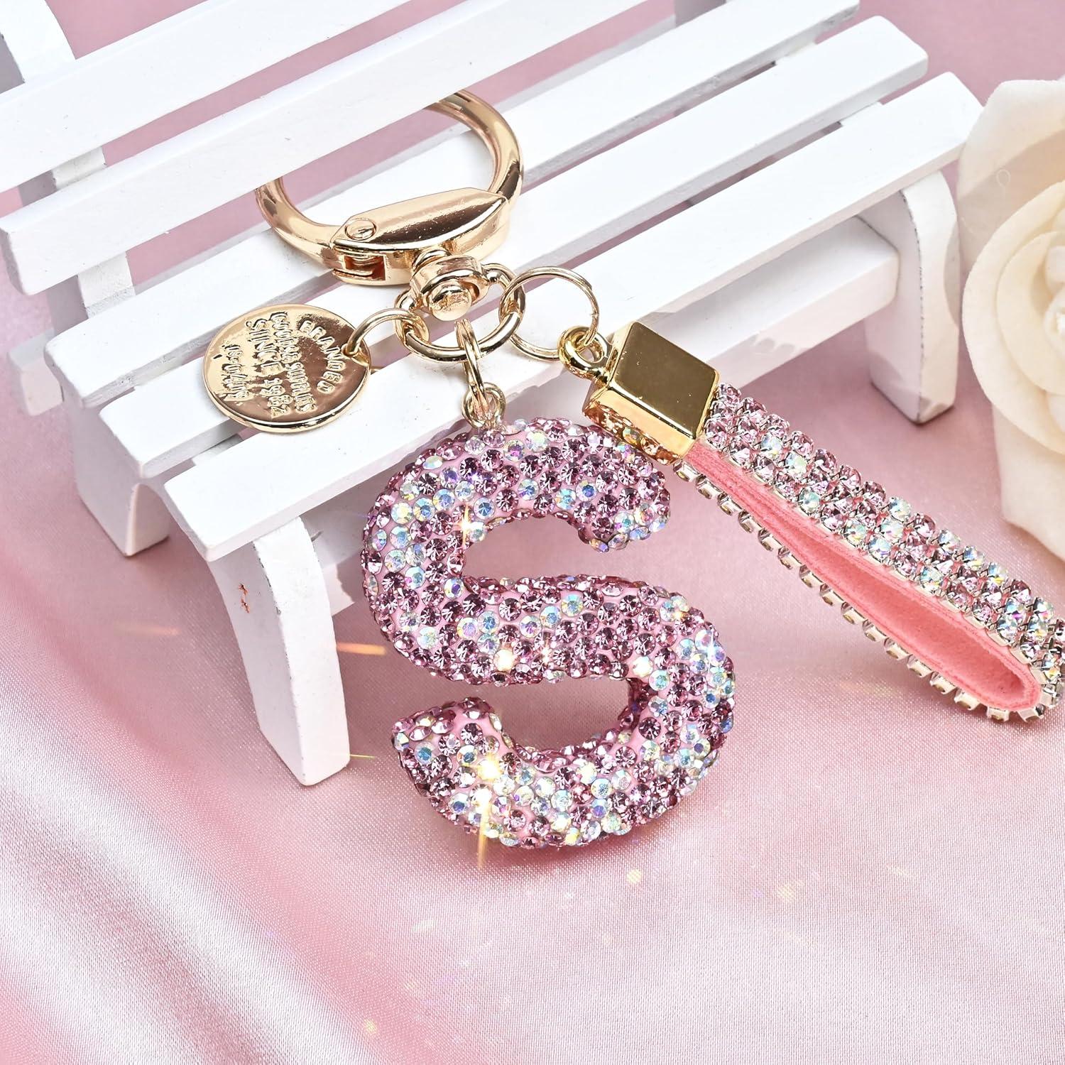 Llavero de Letra Inicial Brillante Rosa Azul Blanco - Regalo Mujeres