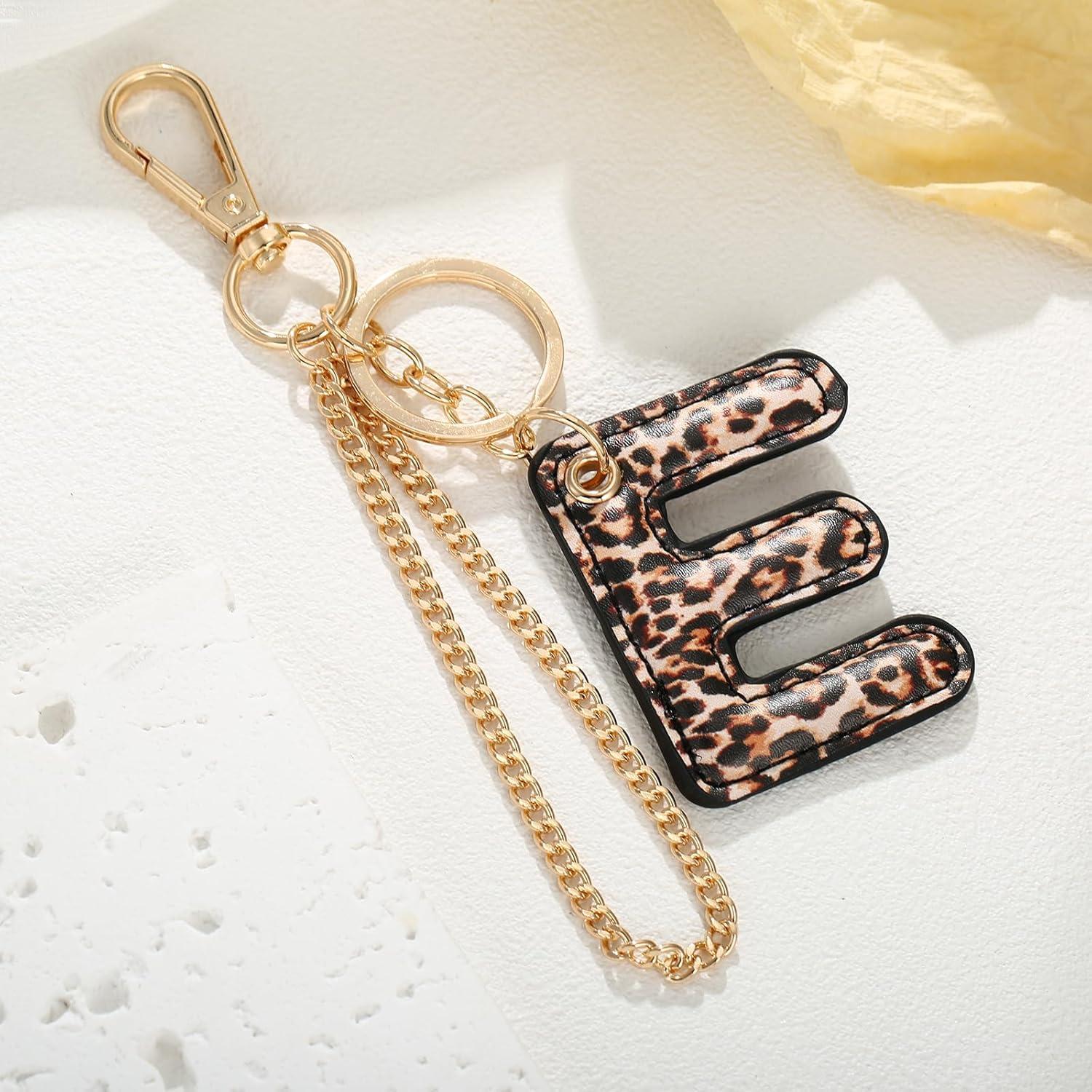 Llave de letra de leopardo PU para mujeres - Llavero inicial E