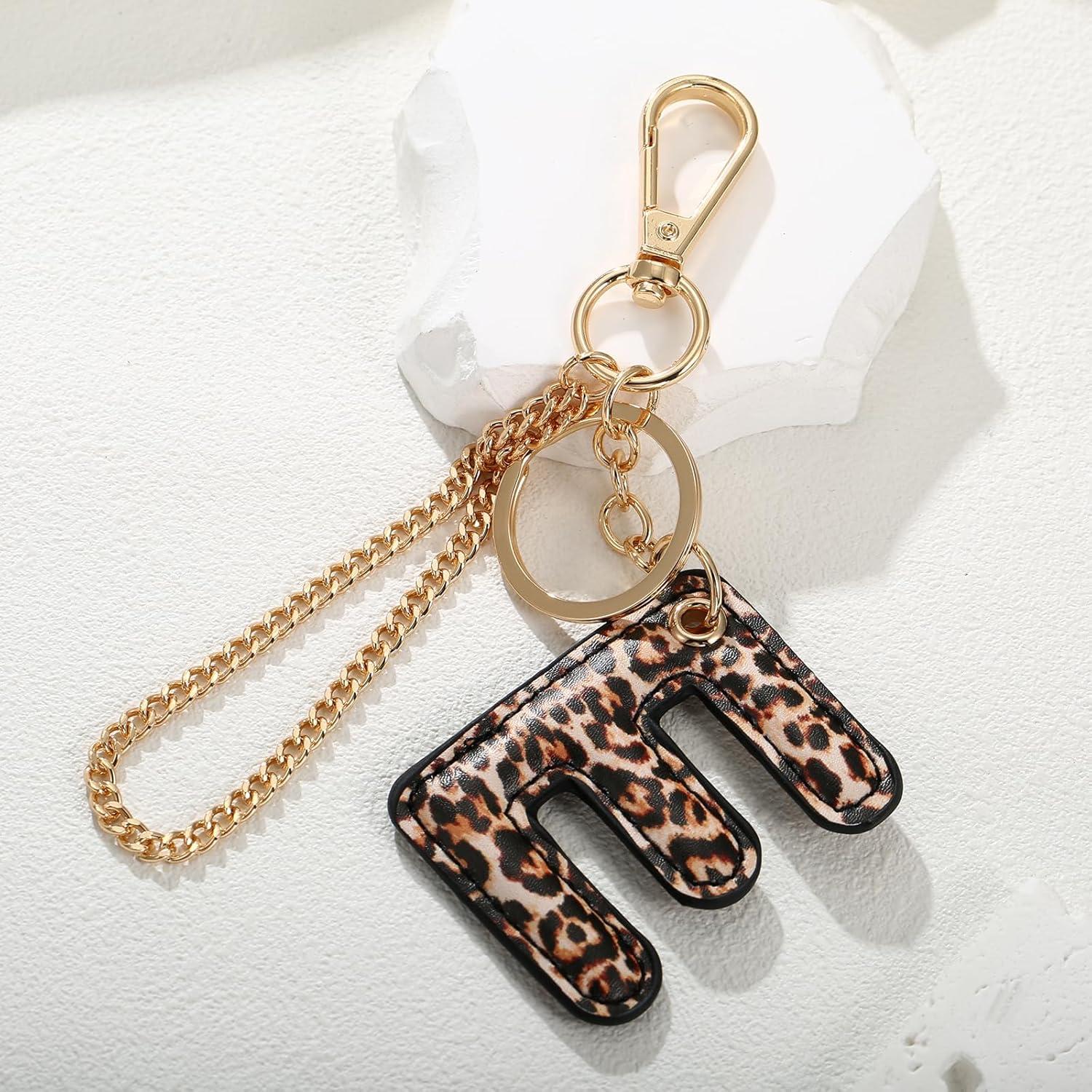 Llave de letra de leopardo PU para mujeres - Llavero inicial E