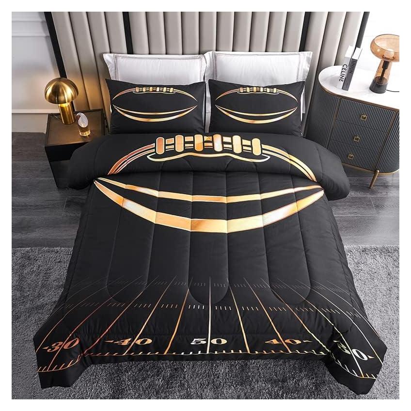 Juego de Edredón Individual Helloosuu Fútbol 3 PZS Negro y Dorado