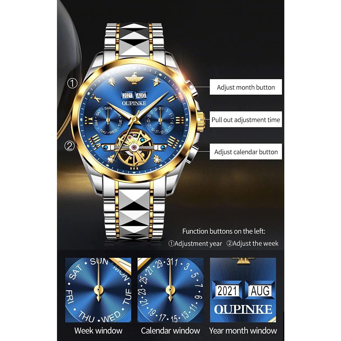 Reloj Automático OUPINKE para Hombres con Diamantes y Zafiro