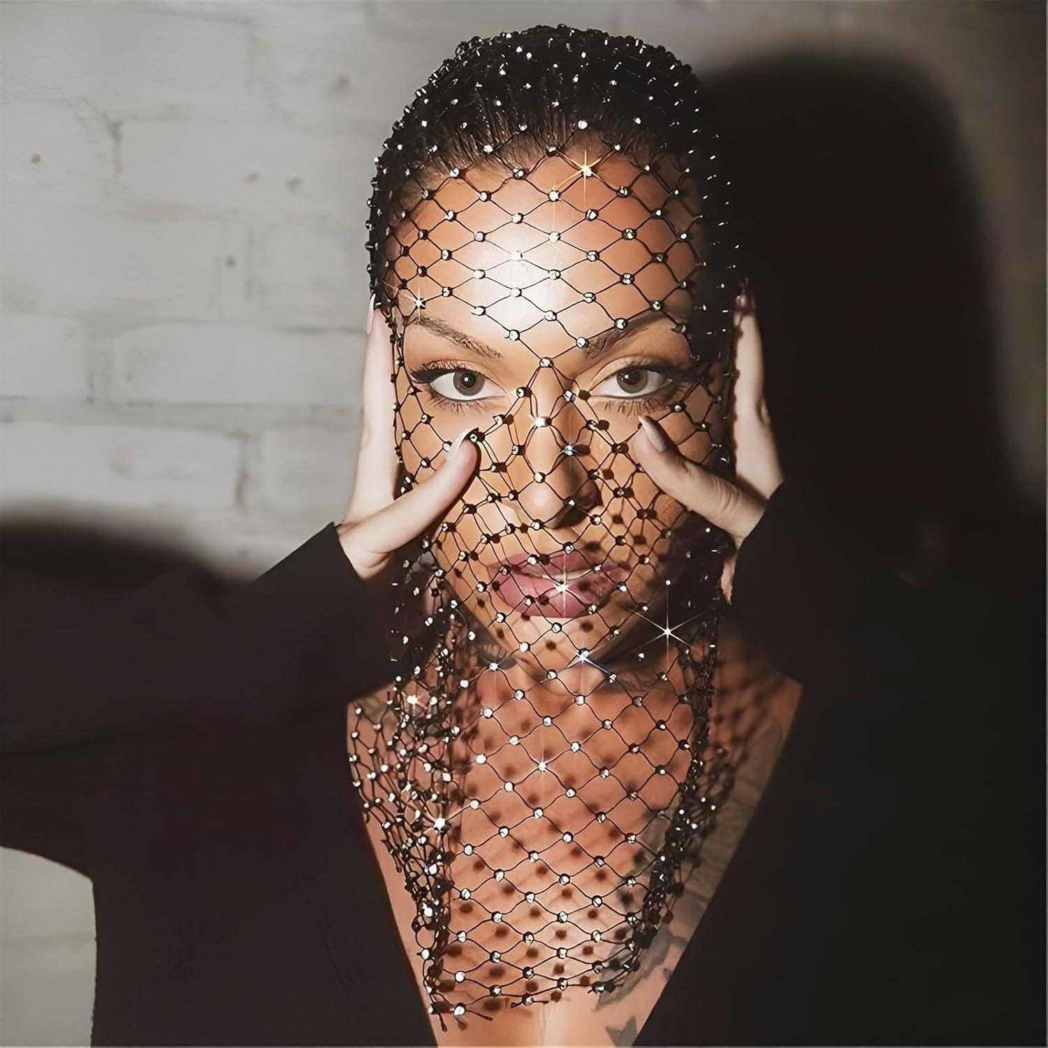 Máscara de Malla con Rhinestones Ylucky para Mujeres 55cm