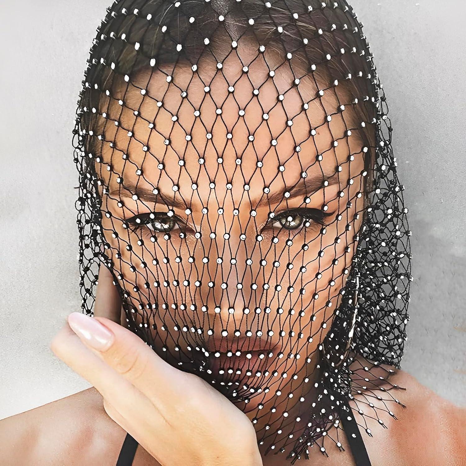Máscara de Malla con Rhinestones Ylucky para Mujeres 55cm