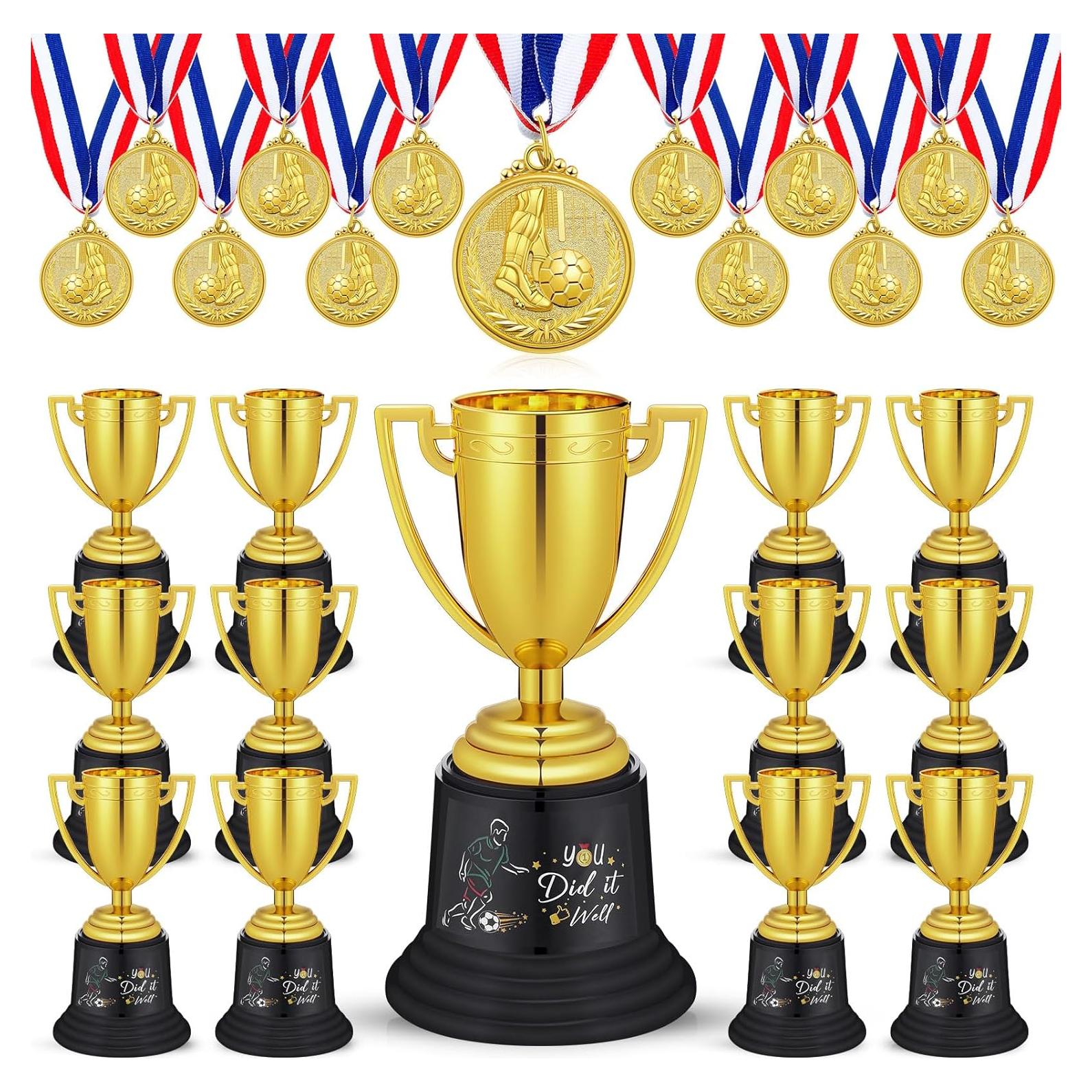 Set de 24 Medallas y Trofeos de Fútbol Tondiamo - 12 Trofeos 13 cm y 12 Medallas 5 cm