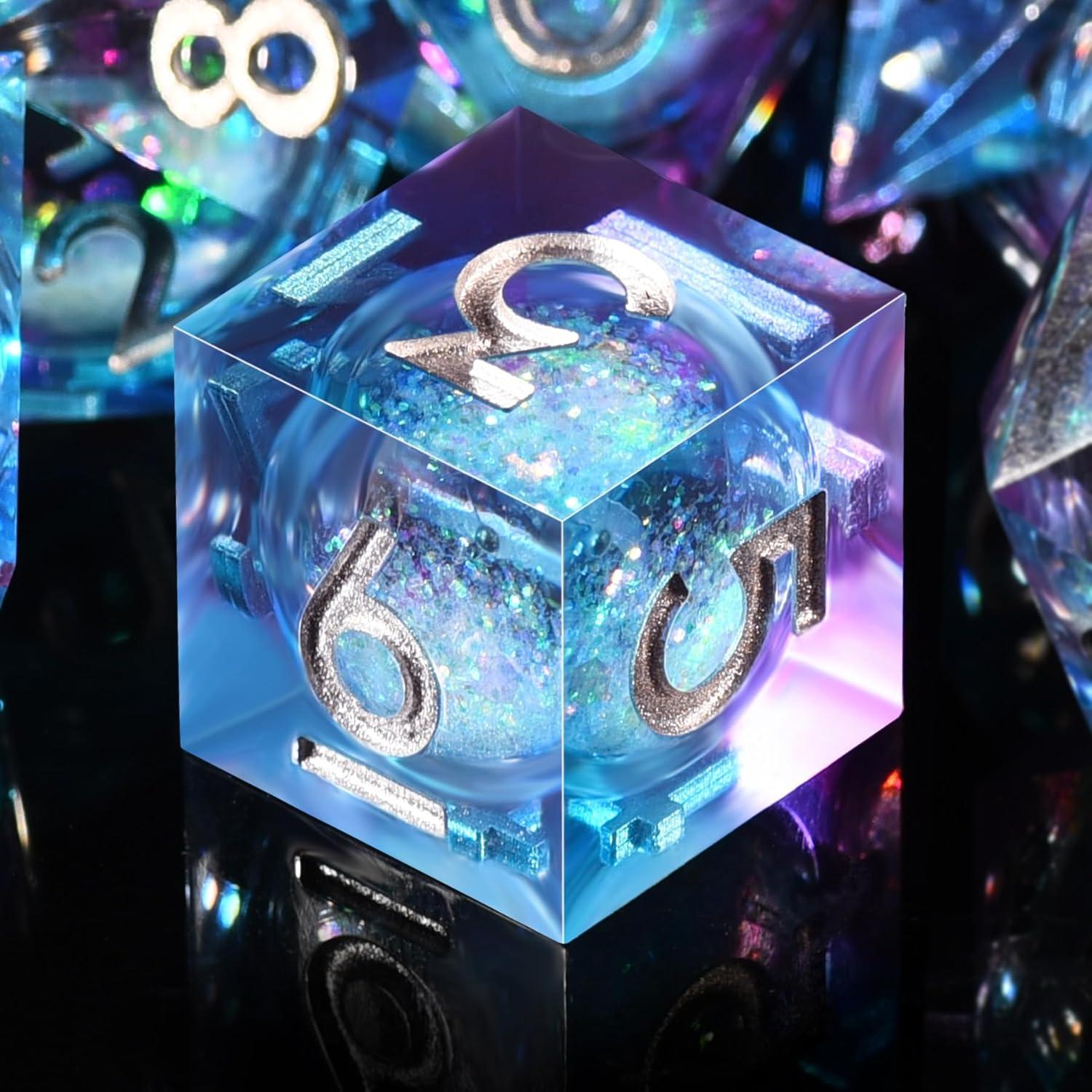 Juego de Dados Poliedricos DND AUSTOR 7 Piezas Resina Líquida Azul Violeta