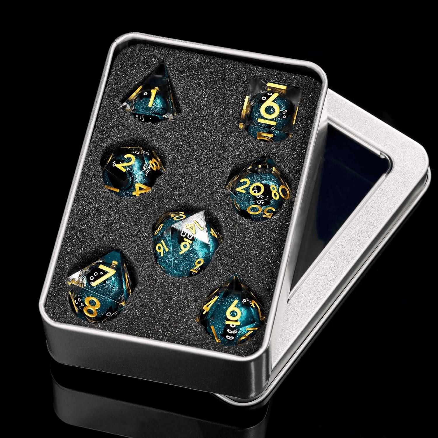 Juego de Dados Liquid Core Cat DND 7 Piezas Azul - GemLore