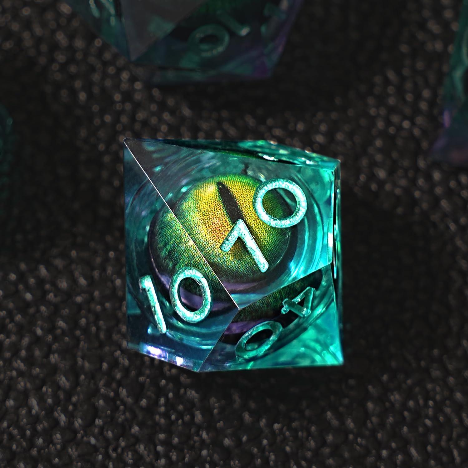 Juego de Dados Ojo de Dragón DnD 7 Pcs Resina Verde y Negro